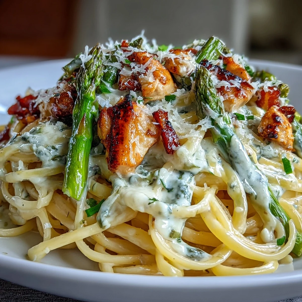 Steam rises from a warm bowl of Creamy Asiago Chicken & Asparagus Pasta, ready to be served for a family dinner.