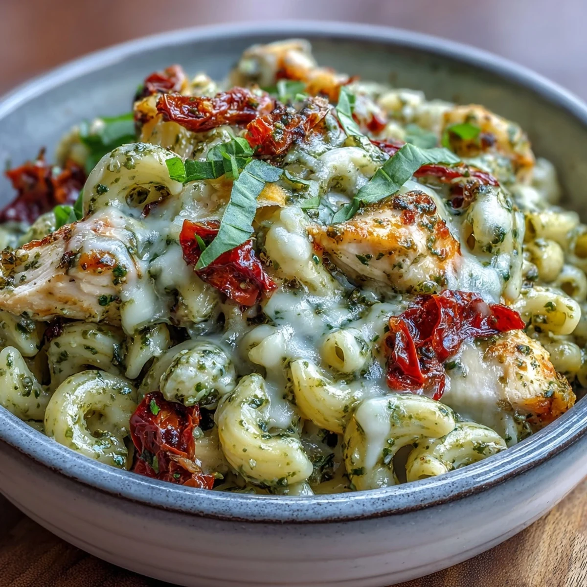 Steam rises from a pot of Pesto Chicken Chili Mac, revealing tender chicken pieces and melted mozzarella topping.