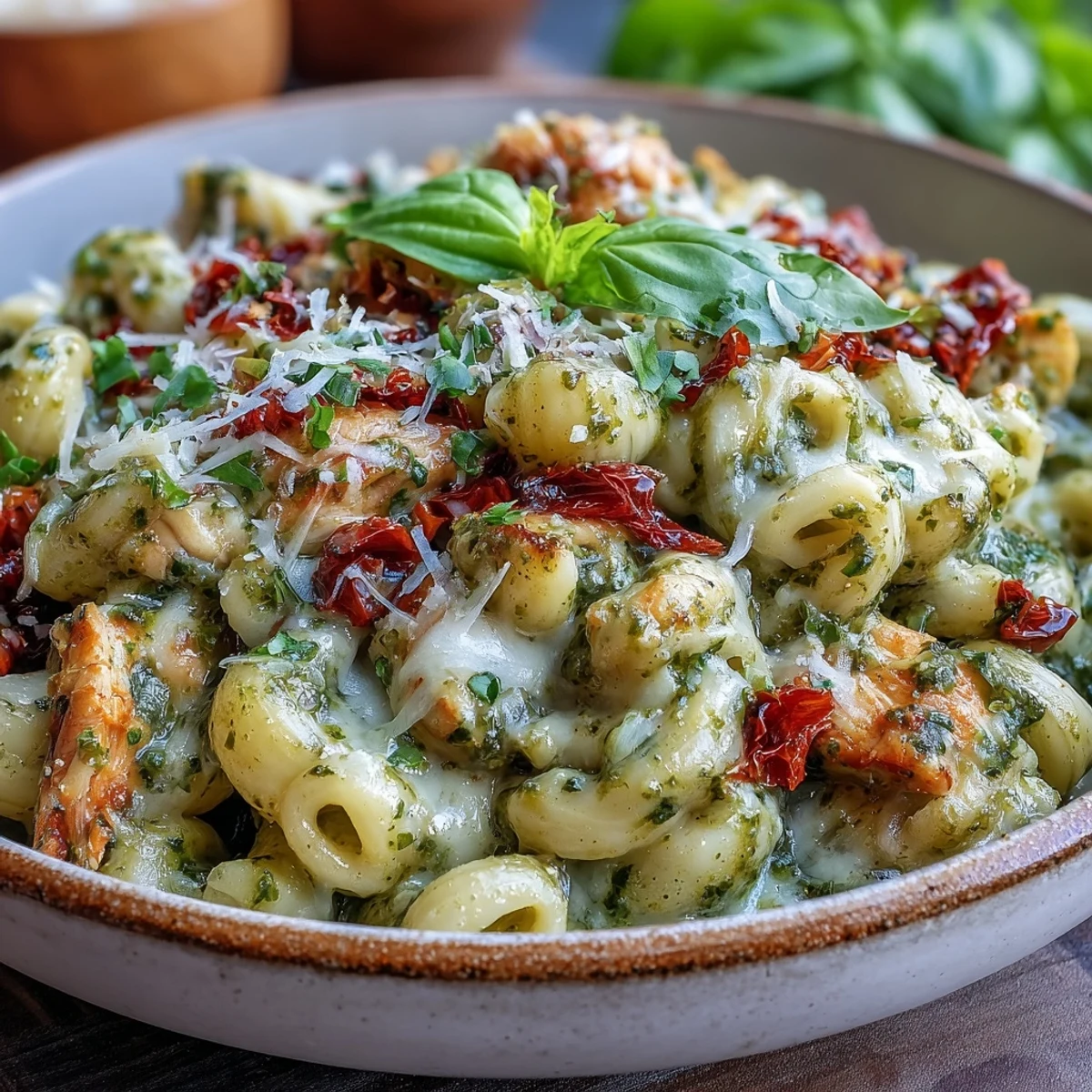 Served in a rustic bowl, Pesto Chicken Chili Mac pairs with garlic bread and fresh basil garnish.