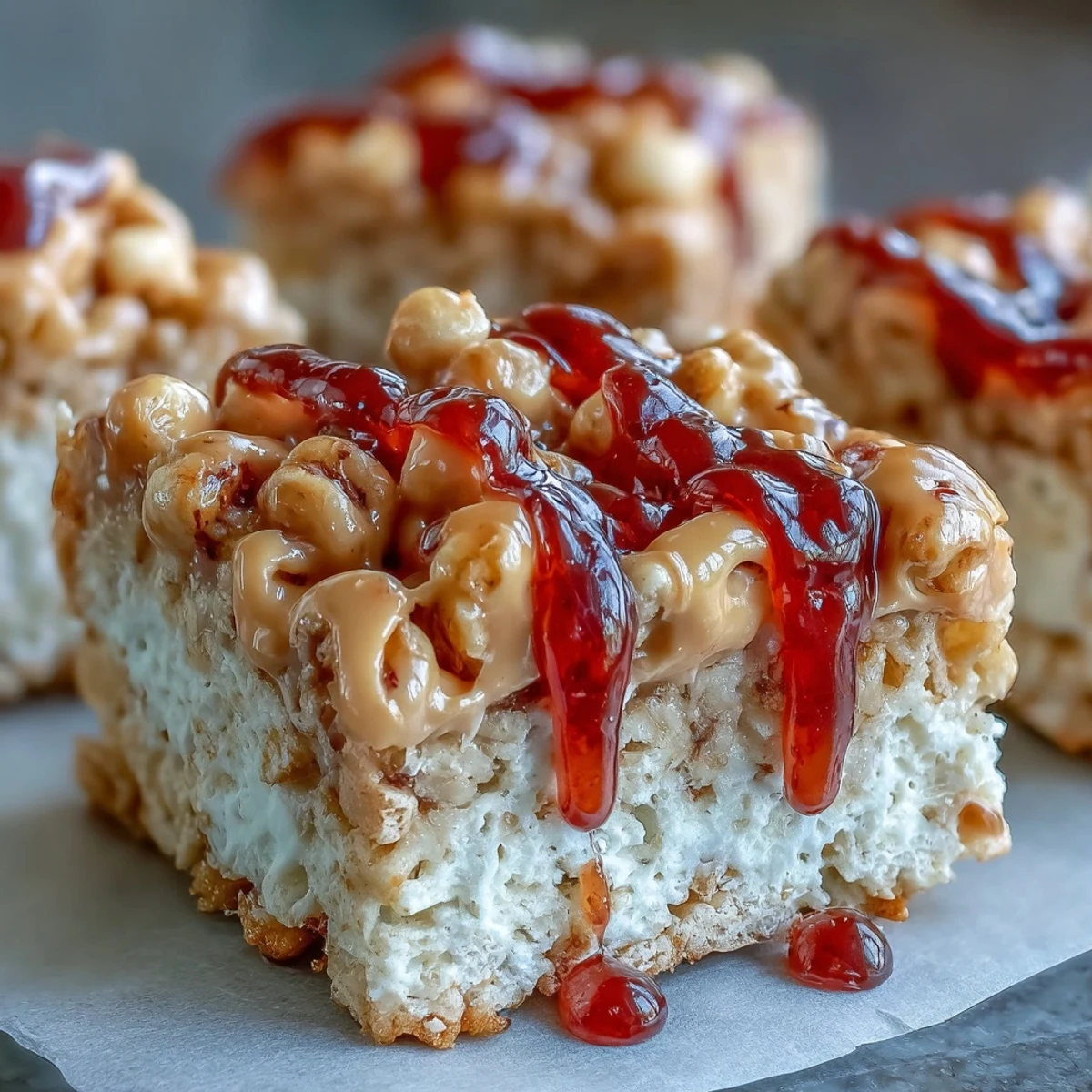 Golden-brown High-Protein PB&J Rice Krispie Bars topped with a marbled peanut butter drizzle and bright red strawberry jelly swirls.