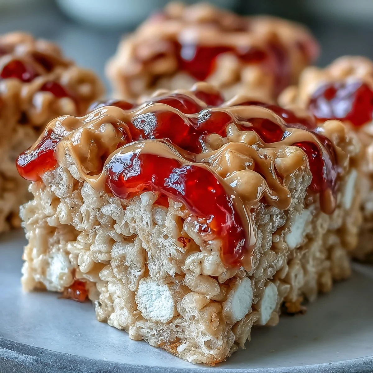 Crumbly squares of High-Protein PB&J Rice Krispie Bars showing a thick peanut butter glaze and jam marbling on a rustic wood table.