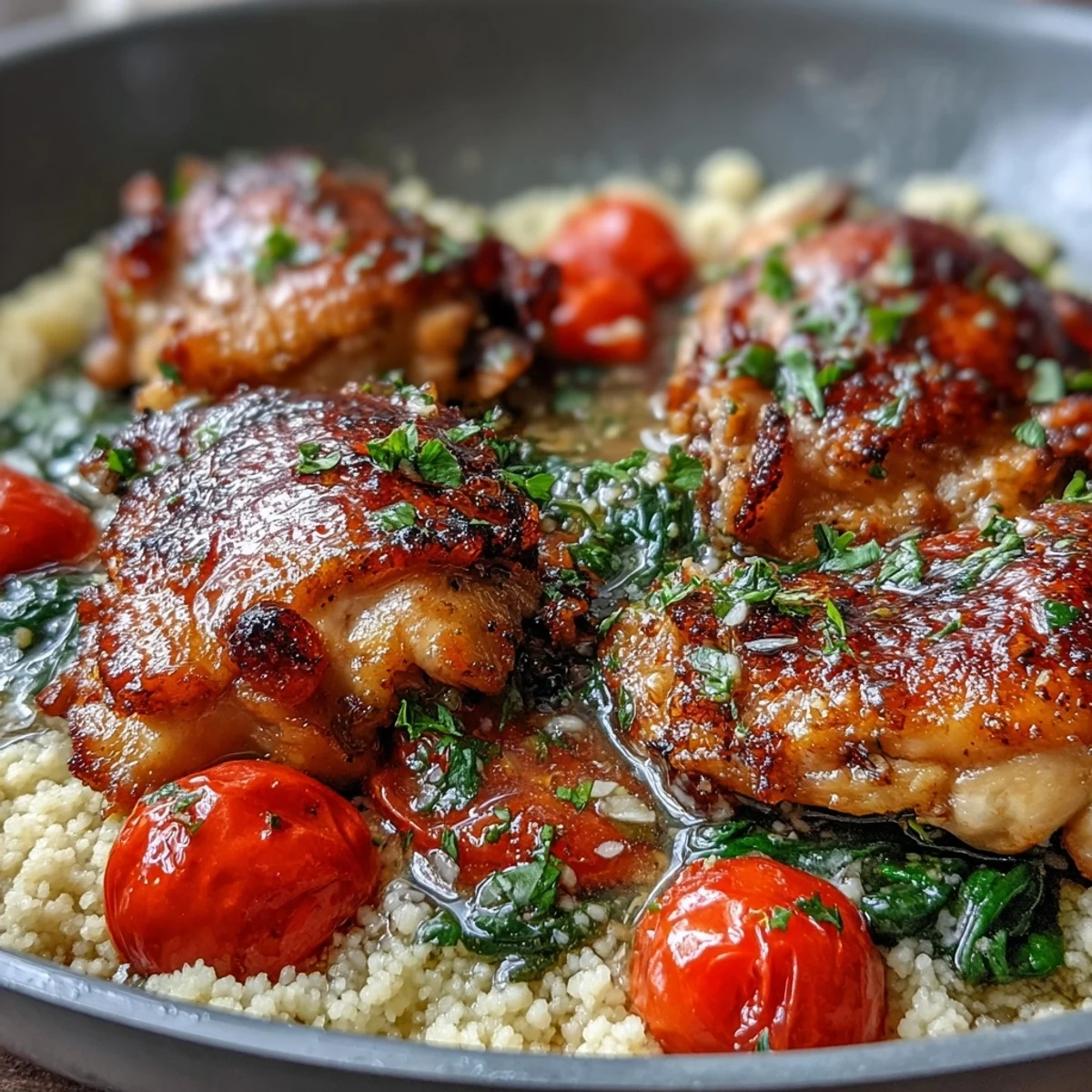 Golden-brown chicken thighs glazed in garlic butter simmer atop fluffy couscous with cherry tomatoes and fresh parsley.