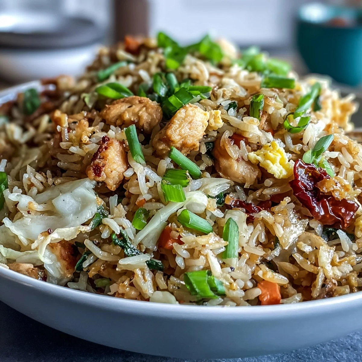 Freshly scrambled eggs and tender chicken are tossed with crisp cabbage in this savory Egg Roll Fried Rice.