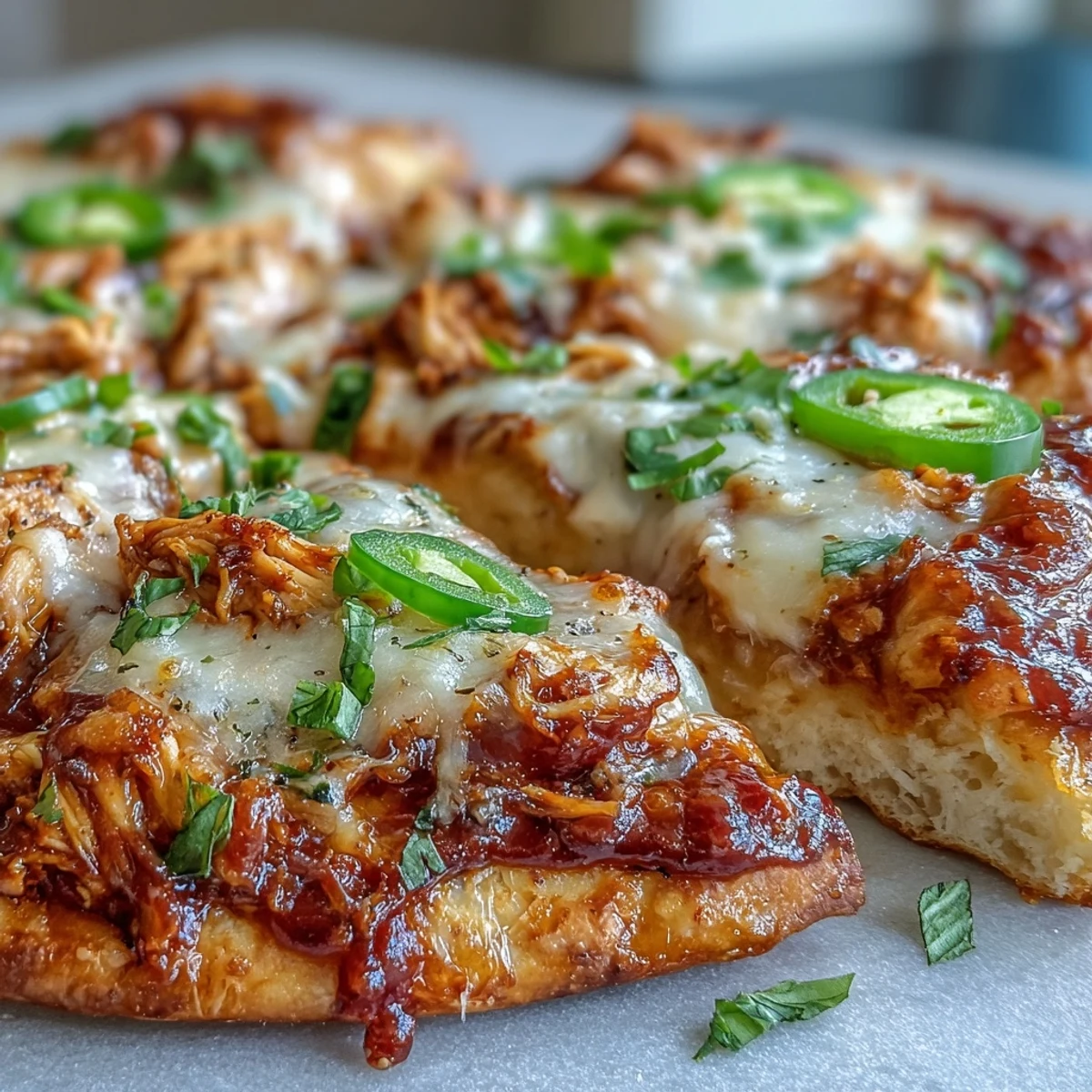 A fusion of Indian and Mexican flavors, this chicken enchilada pizza features toasted garlic naan with spicy jalapeños and melted cheddar.