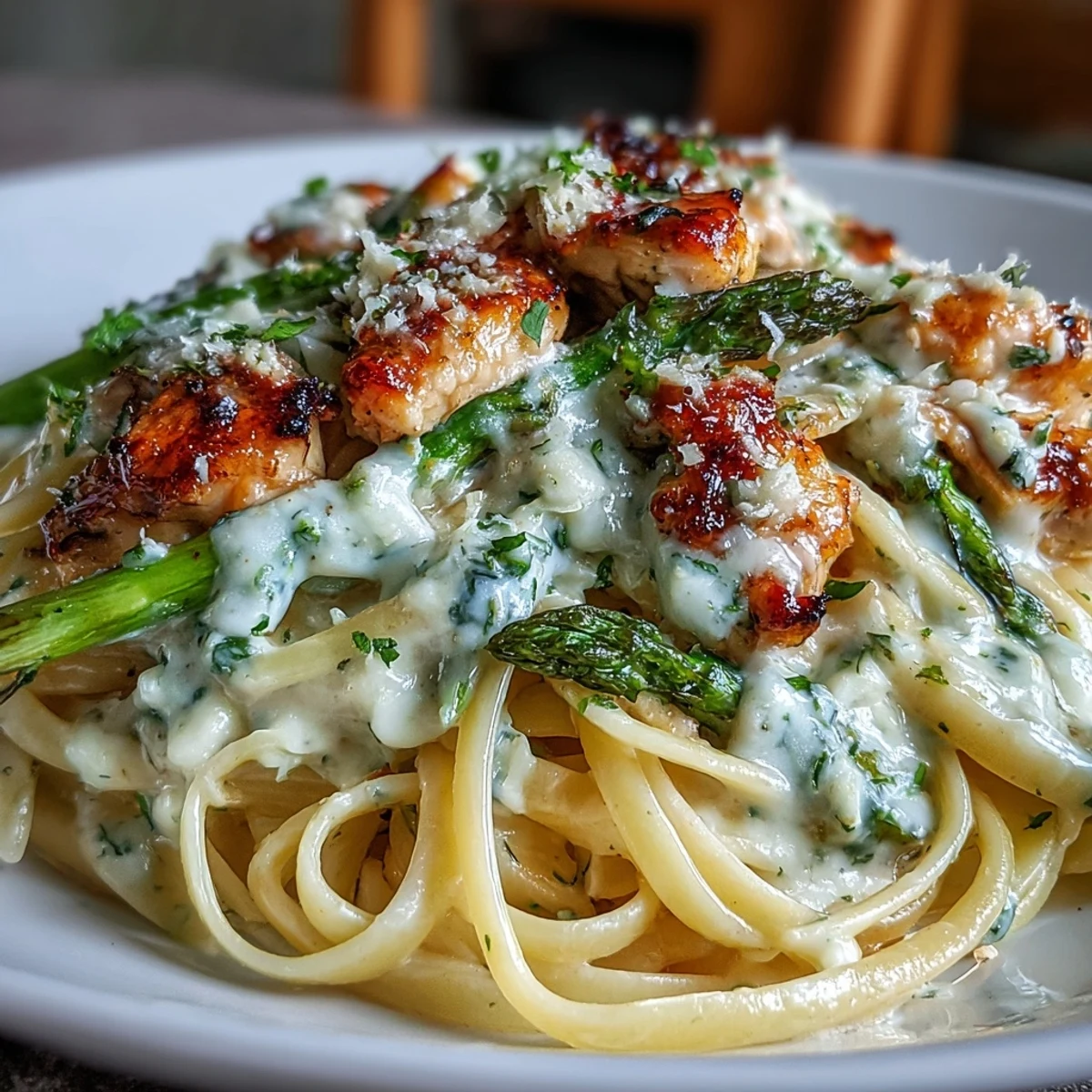 Creamy Asiago Chicken & Asparagus Pasta served on a white plate with golden roasted asparagus spears and fresh parsley garnish.