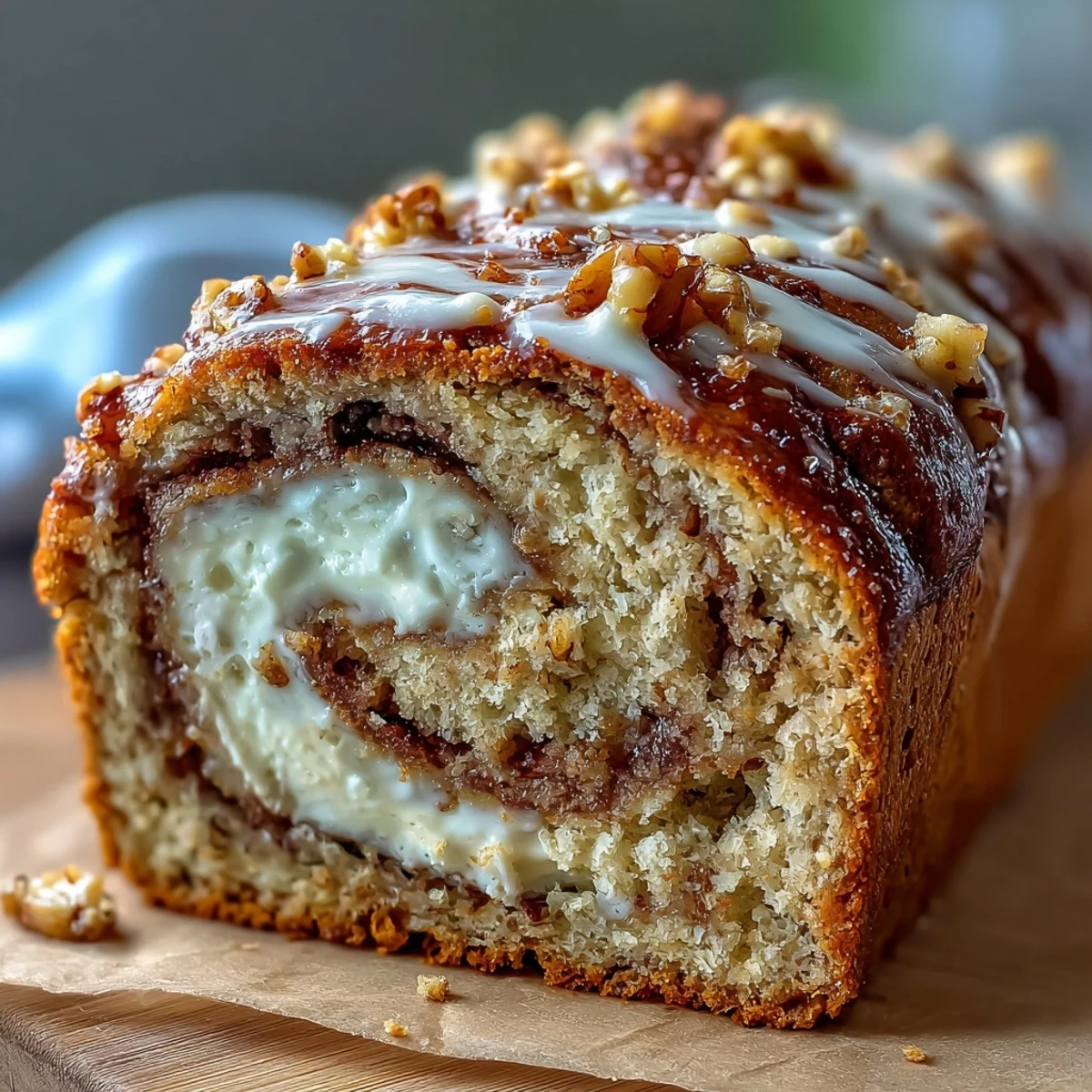 Freshly sliced Cream Cheese Cinnamon Swirl Protein Loaf revealing the luscious ribbon of spiced cream cheese inside, served on a rustic cutting board.
