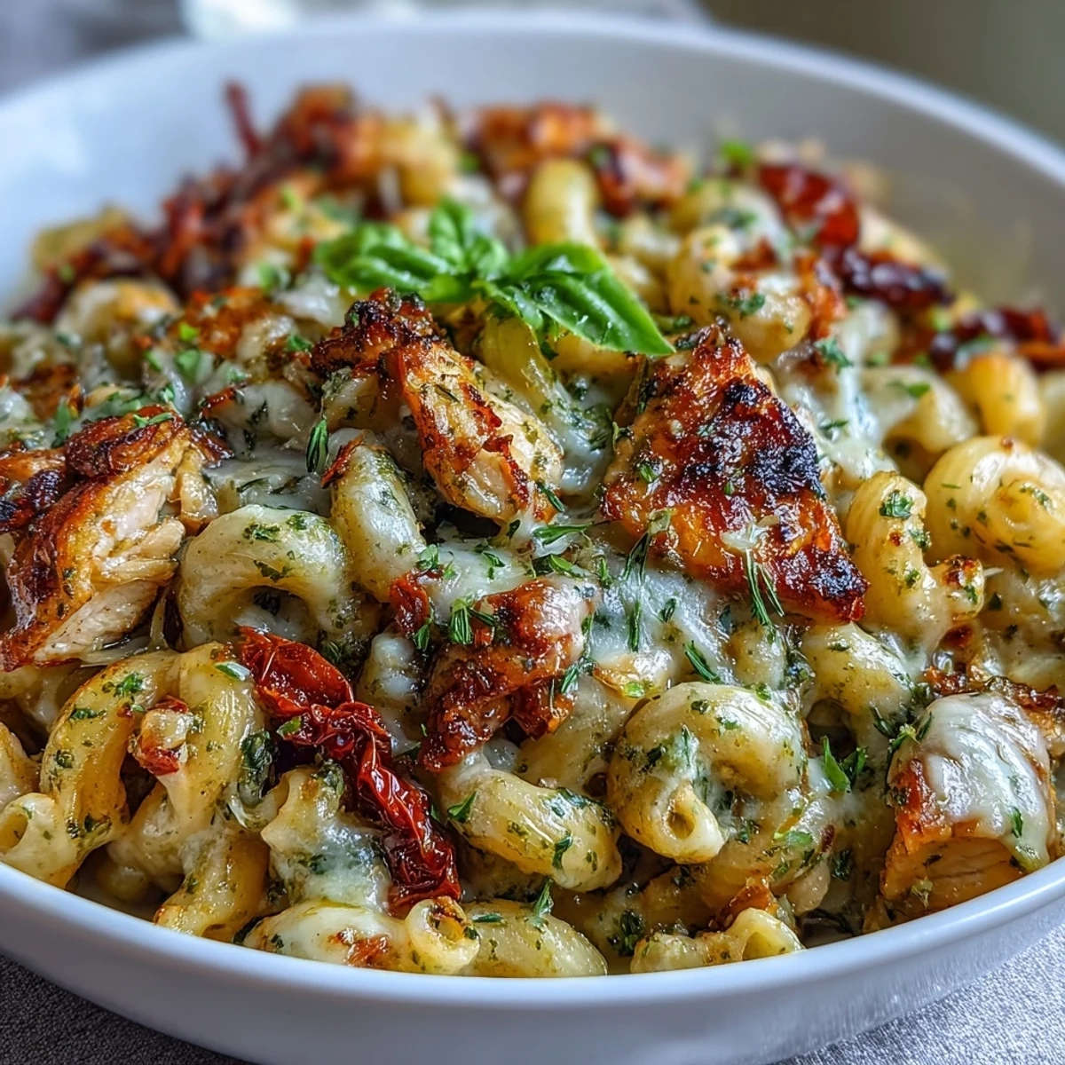 Close-up of Pesto Chicken Chili Mac revealing tender chicken pieces, elbow pasta, and creamy green pesto sauce.