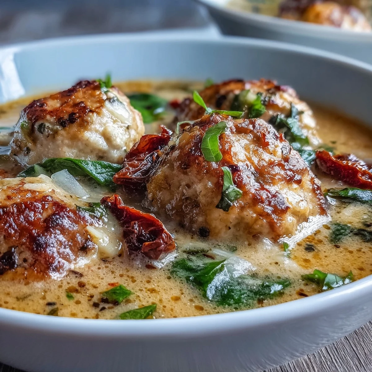 A close-up of Creamy Tuscan Turkey Meatball Soup, featuring golden-brown turkey meatballs, vibrant green spinach, and red sun-dried tomatoes swimming in a velvety cream broth.