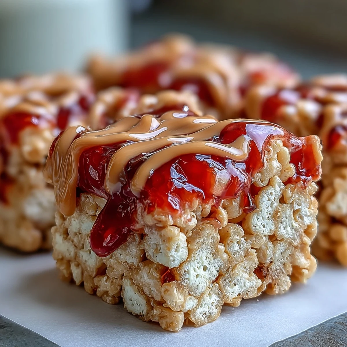A close-up shows a hand lifting a High-Protein PB&J Rice Krispie Bar drizzled with peanut butter and jelly swirls.