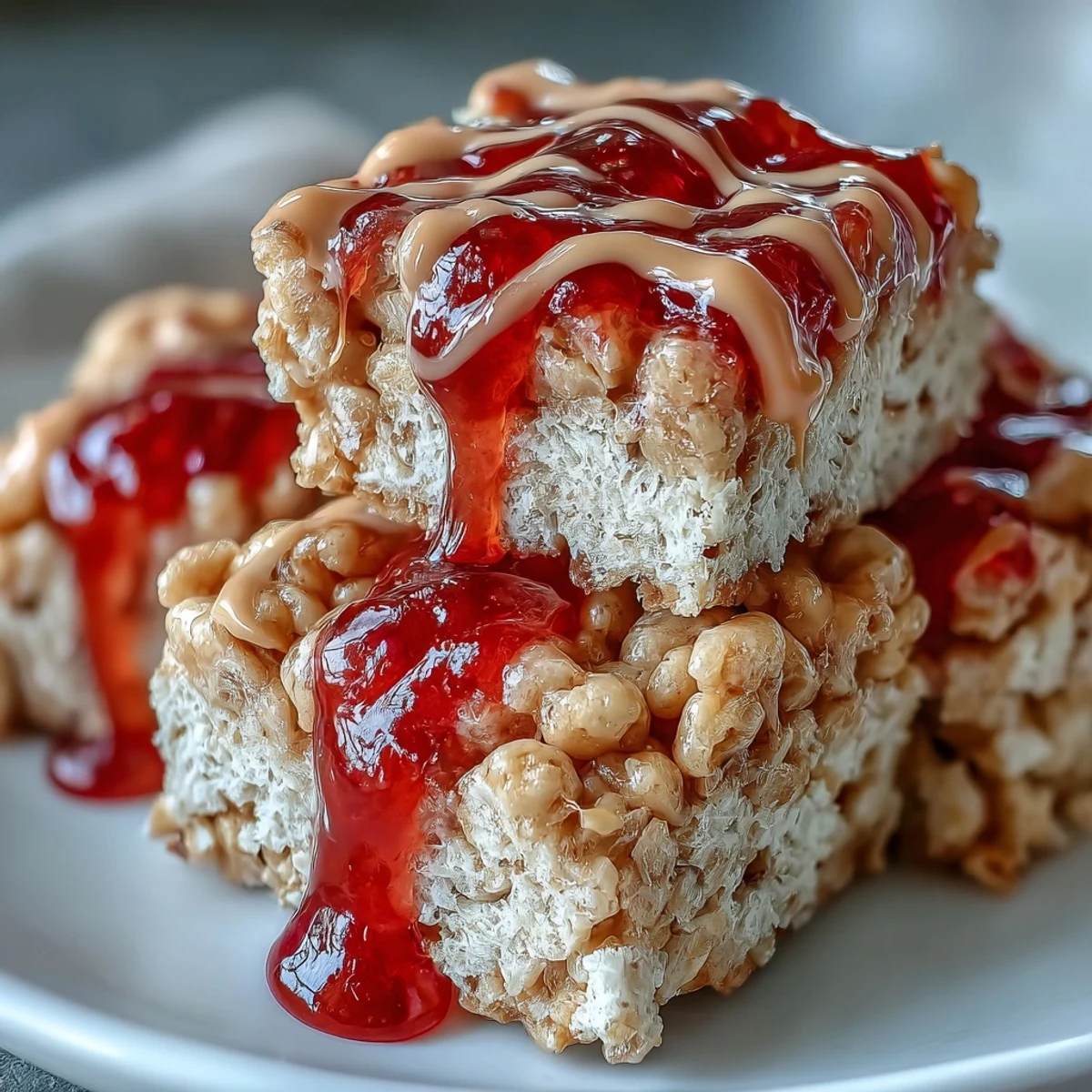 Stacked High-Protein PB&J Rice Krispie Bars ready to serve, perfect for an easy post-workout or after-school snack.