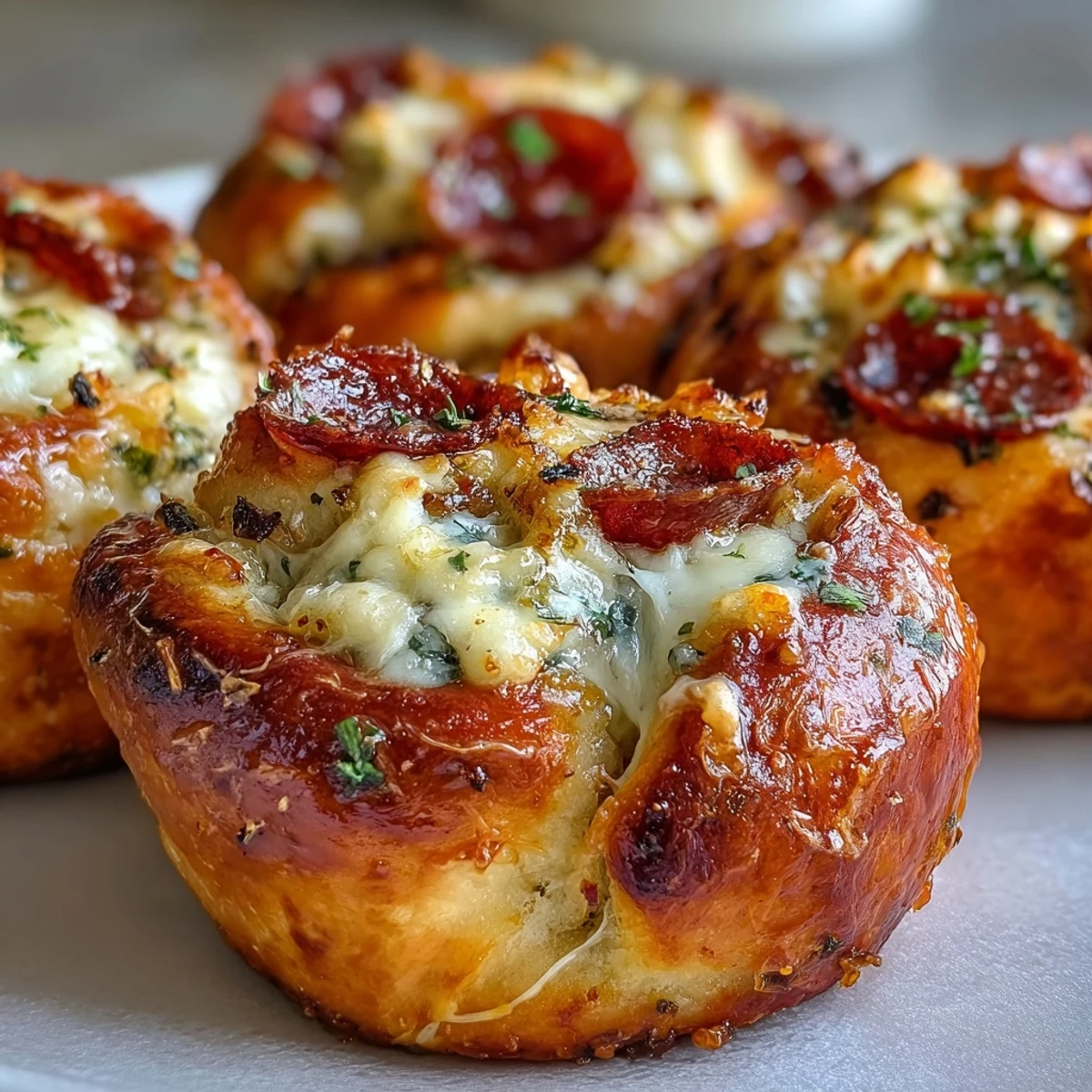 A close-up of Pizza Roll Stuffed Garlic Knots revealing melted mozzarella and spicy pepperoni peeking from the dough.