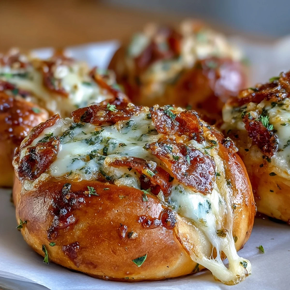 A platter of Pizza Roll Stuffed Garlic Knots with fresh parsley garnish, perfect for game day snacking.