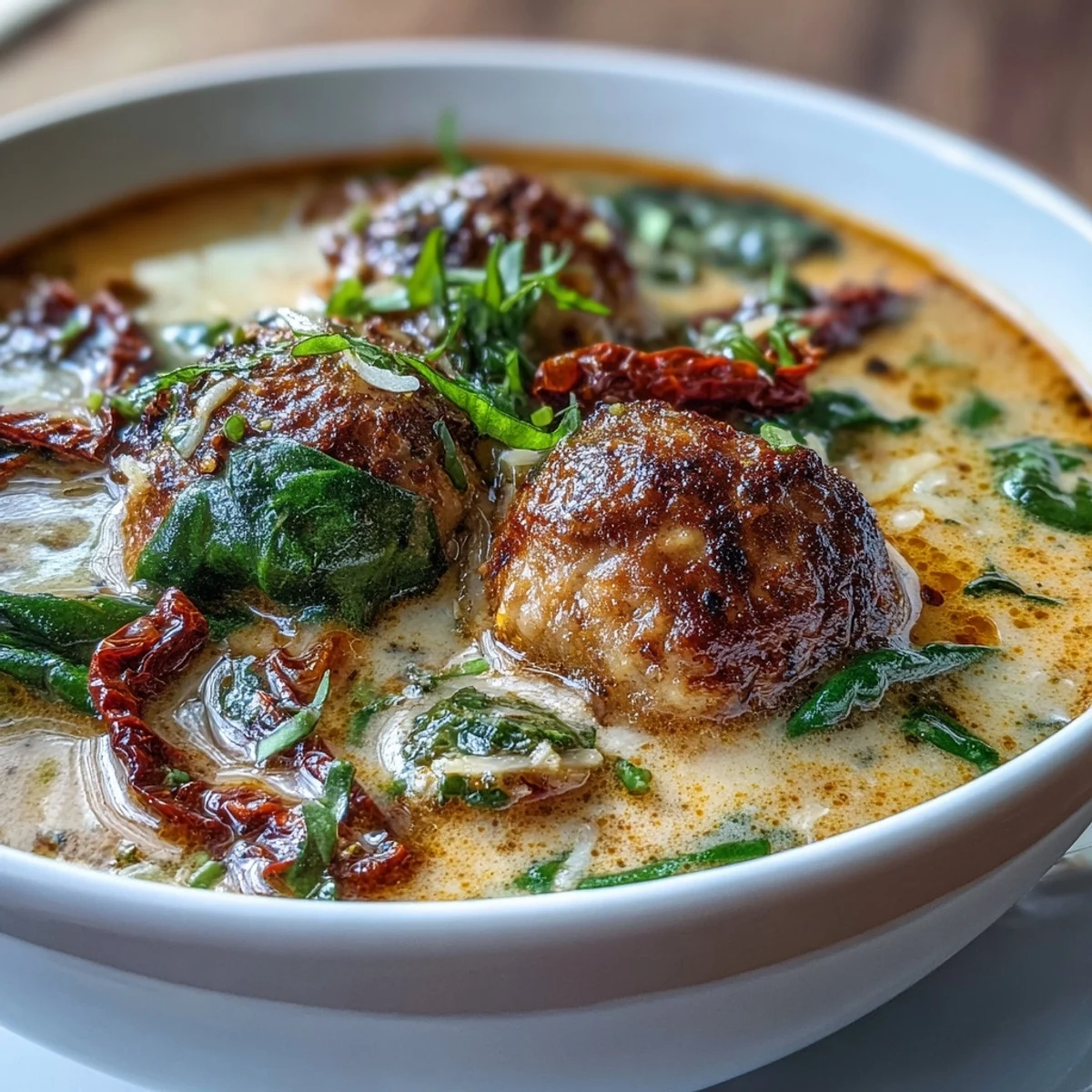 Overhead view of Creamy Tuscan Turkey Meatball Soup garnished with fresh basil, served alongside crusty bread for dipping, perfect for a comforting Italian-inspired family dinner.
