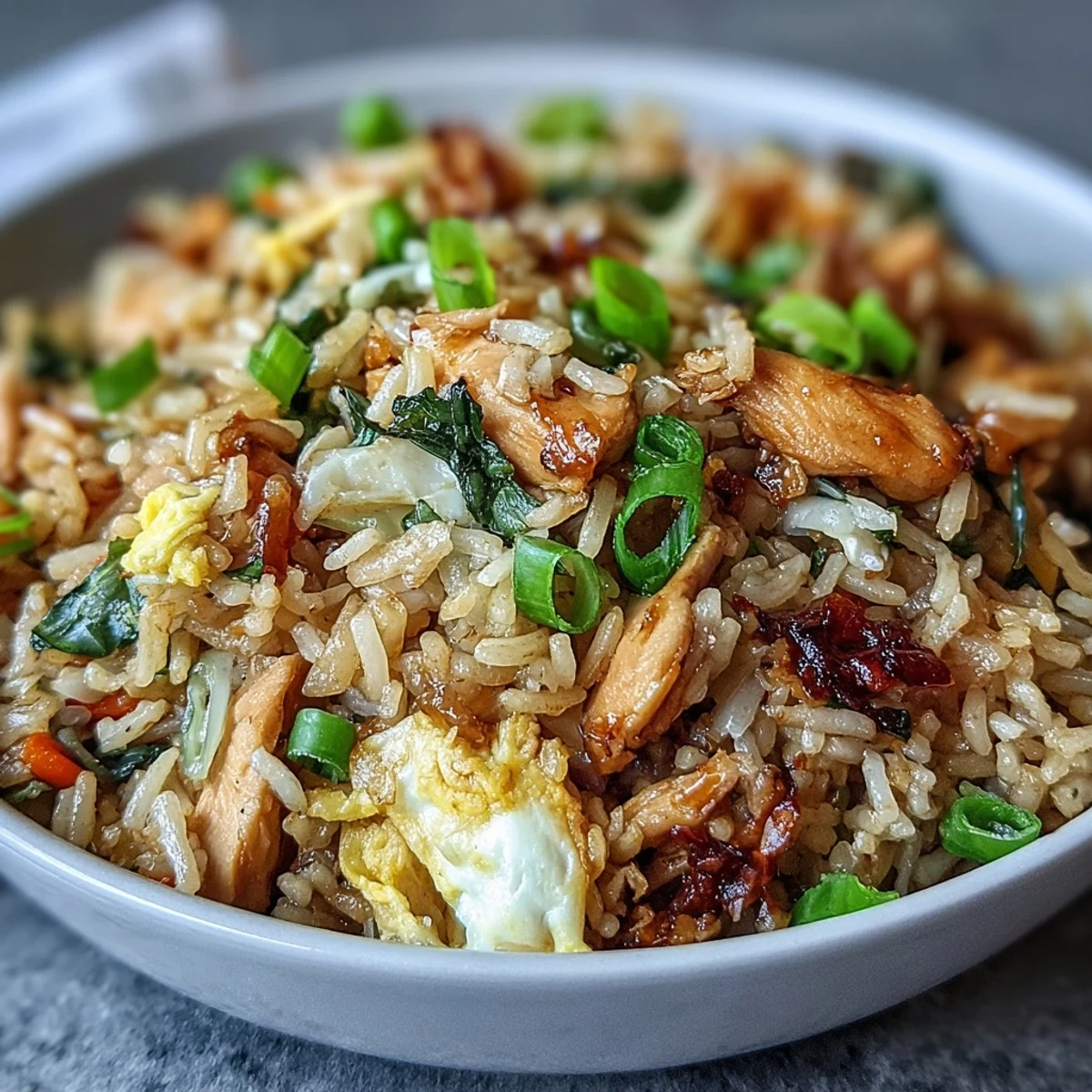 Steamed white rice, shredded chicken, and crisp cabbage are tossed with soy sauce and sesame oil in a hot wok, making Egg Roll Fried Rice with Chicken.