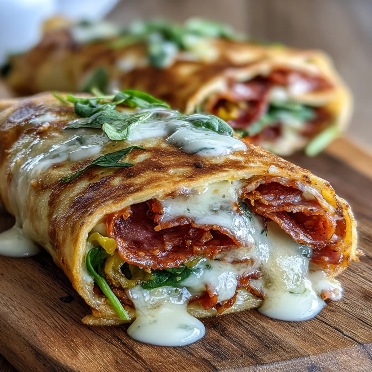 Golden-brown Low-Carb Italian Sub Wrap, melty provolone and spicy meats peek from a crisp tortilla, served with banana peppers and Italian dressing.