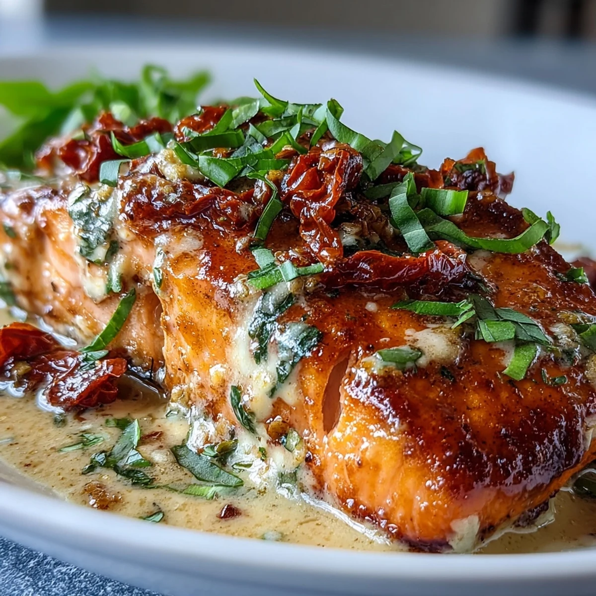 Tender Marry Me Salmon served over fettuccine, drizzled with rich garlic cream sauce for a romantic dinner.