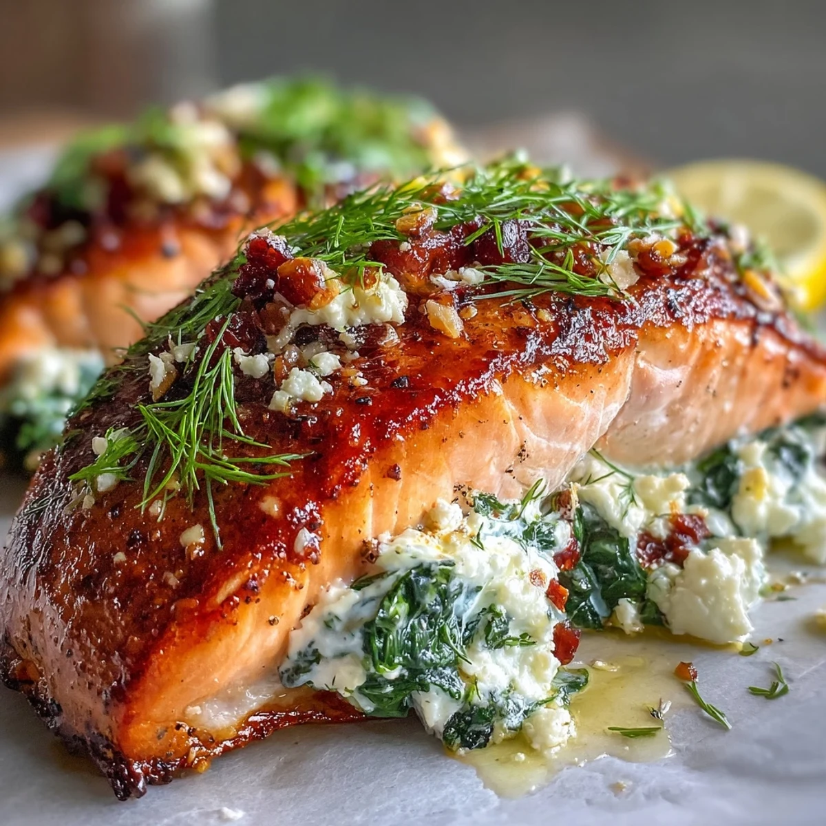 Golden-brown Simple Baked Stuffed Salmon with Spinach and Feta, served hot on a platter with roasted potatoes and lemon wedges.