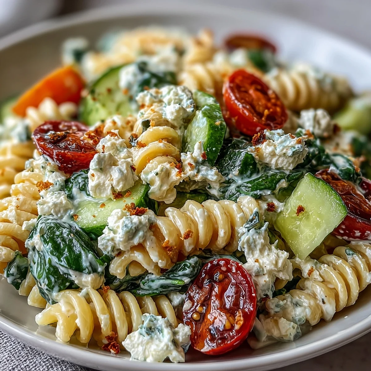 Fresh High Protein Cottage Cheese Pasta Salad in a white bowl with cherry tomatoes, cucumber, and spinach tossed in creamy Italian dressing.