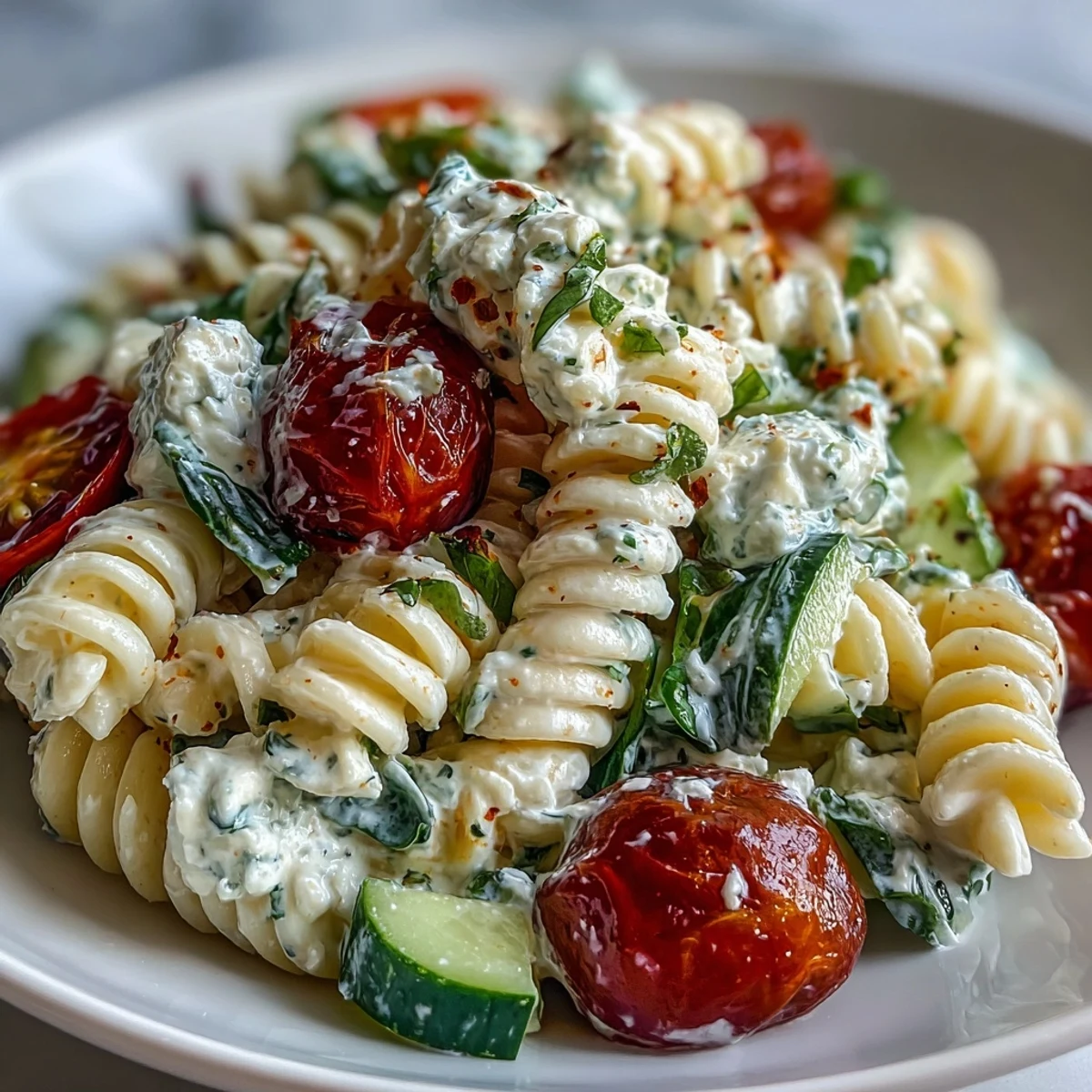 Colorful bowl of High Protein Cottage Cheese Pasta Salad featuring diced bell peppers, cottage cheese, and a light lemony dressing, ready to serve.