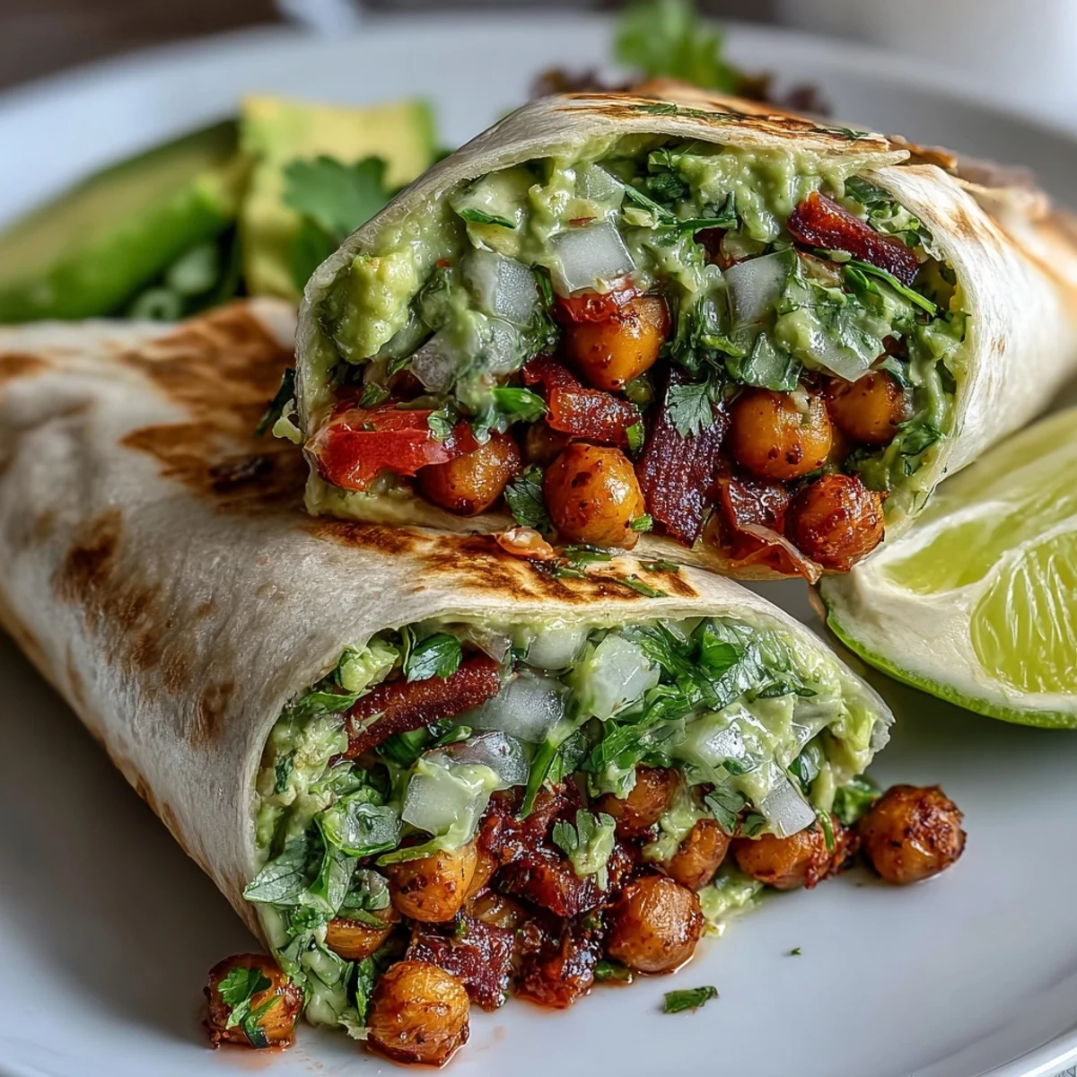 Golden-brown Spicy Chickpea and Avocado Wraps sliced in half, revealing a creamy avocado and chickpea filling with diced red onion and bell pepper.