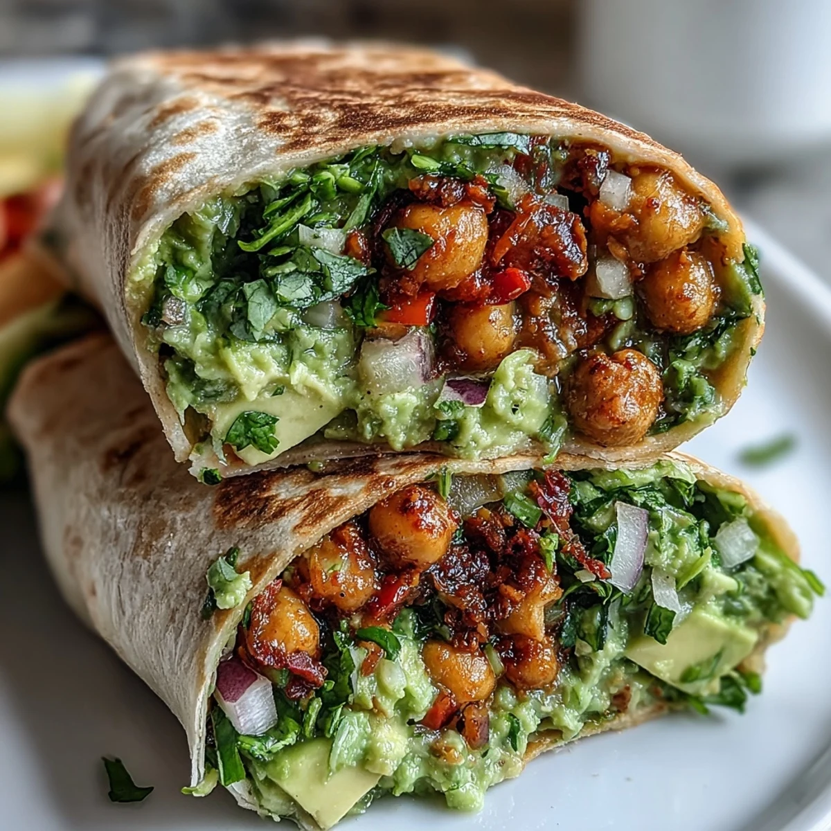 Close-up of a Spicy Chickpea and Avocado Wrap garnished with fresh cilantro, served on a wooden board next to lime wedges and salsa.