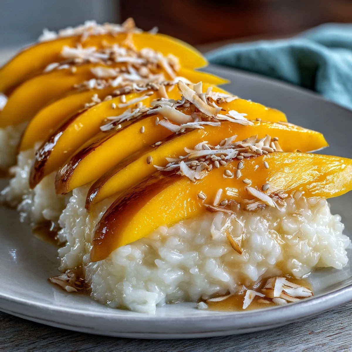 Sweet, fragrant sticky rice infused with coconut milk is served alongside juicy mango slices for a classic Thai dessert.