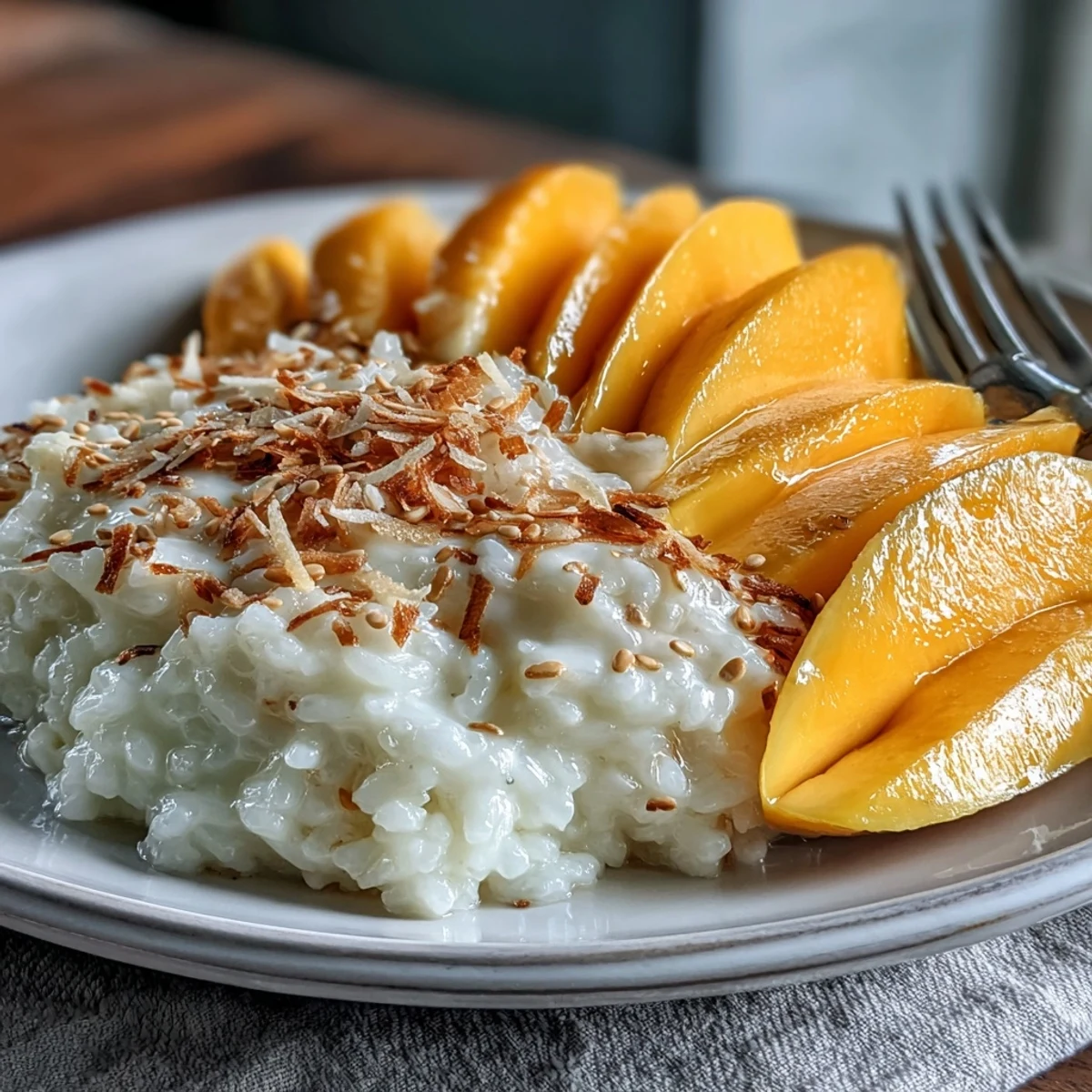 Steamed glutinous rice soaked in coconut sauce, topped with fresh mango and a drizzle of thickened coconut topping.