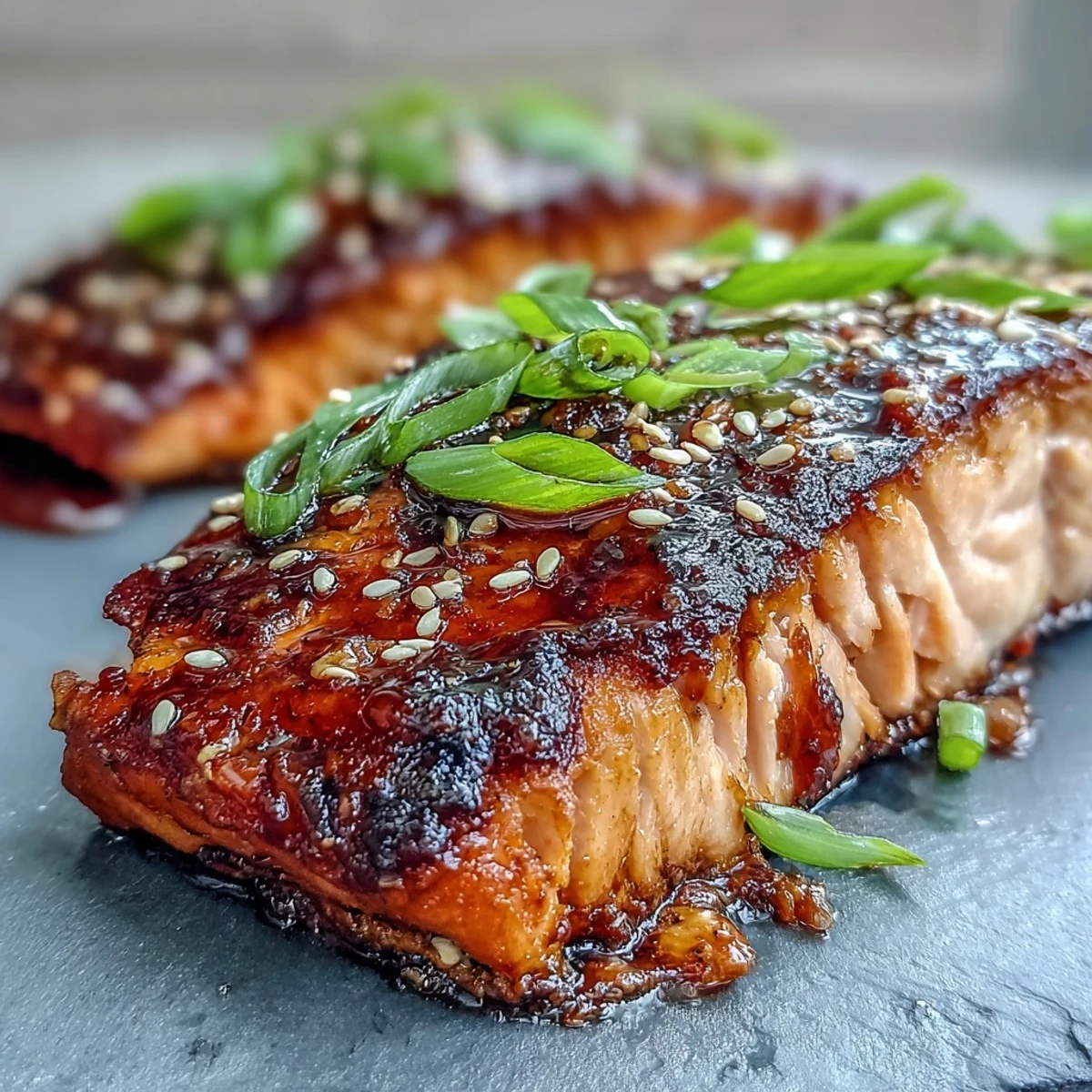 Four glazed Teriyaki Salmon fillets, oven-baked to perfection with caramelized edges and a glossy sauce, garnished with sesame seeds and green onions.