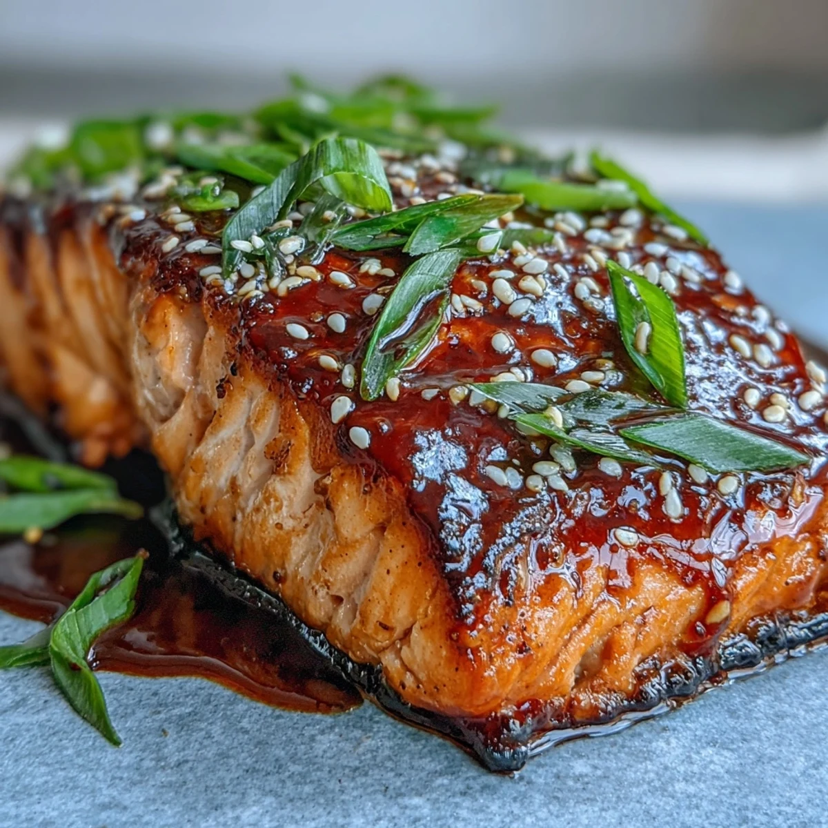 Close-up of tender Teriyaki Salmon fillet brushed with sweet-savory glaze, showcasing flaky texture and toasted sesame seeds on a dark ceramic plate.