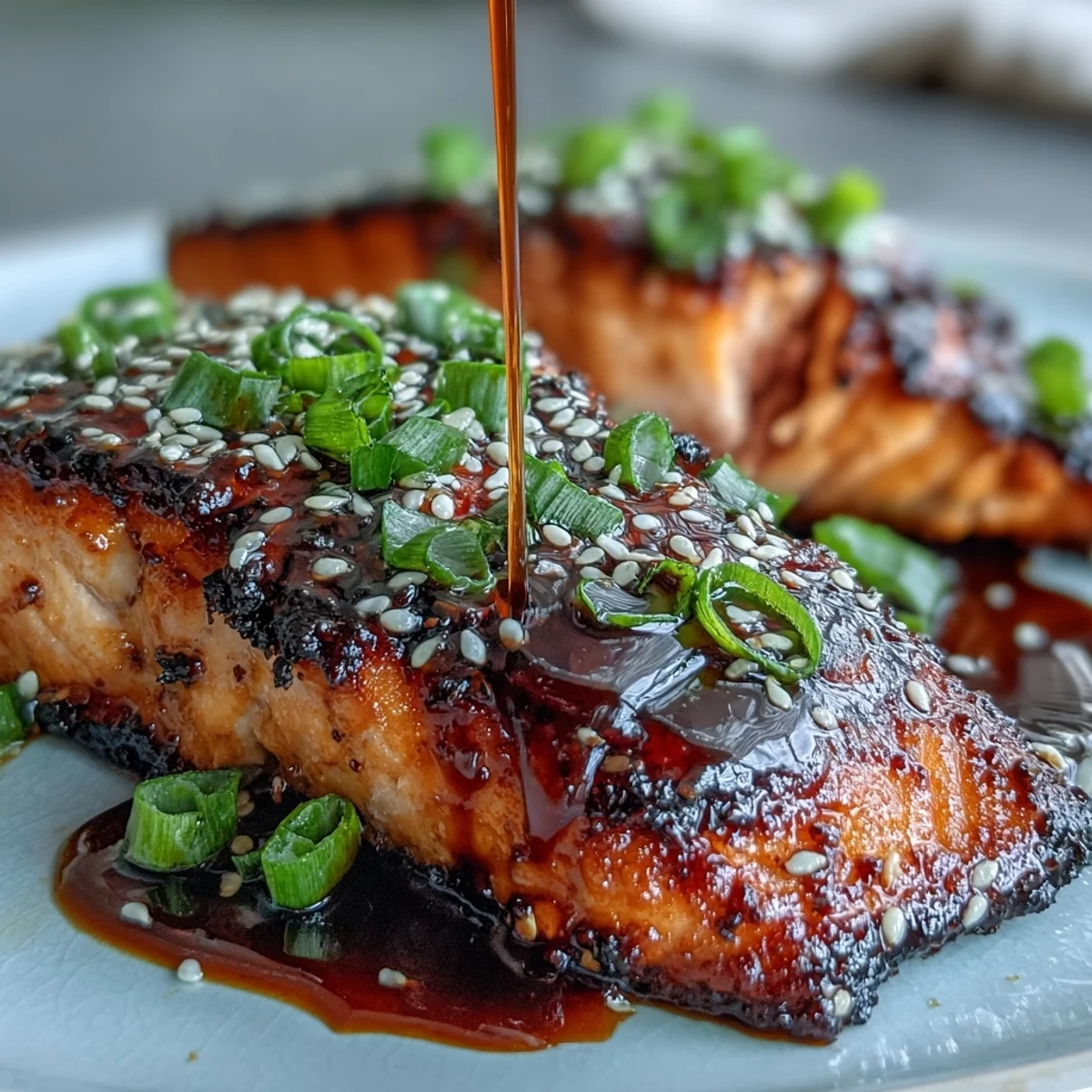 Golden-brown Teriyaki Salmon fillets served on white rice with sautéed greens, ready to be enjoyed for a delicious Japanese-inspired dinner.