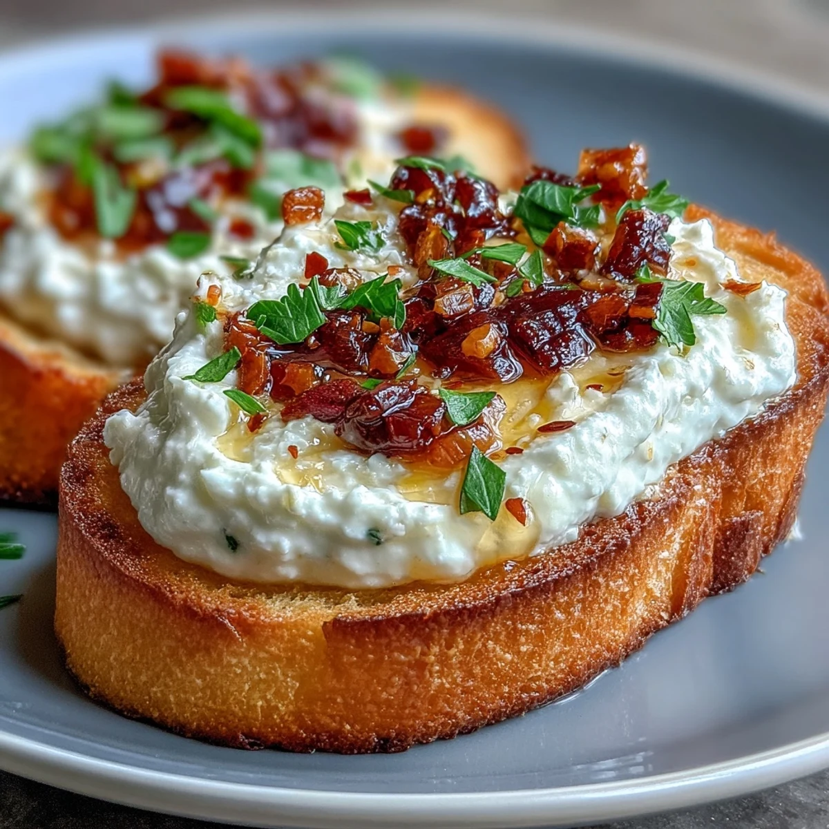 Golden, toasted crostini topped with creamy whipped feta, drizzled with hot honey and red pepper flakes.