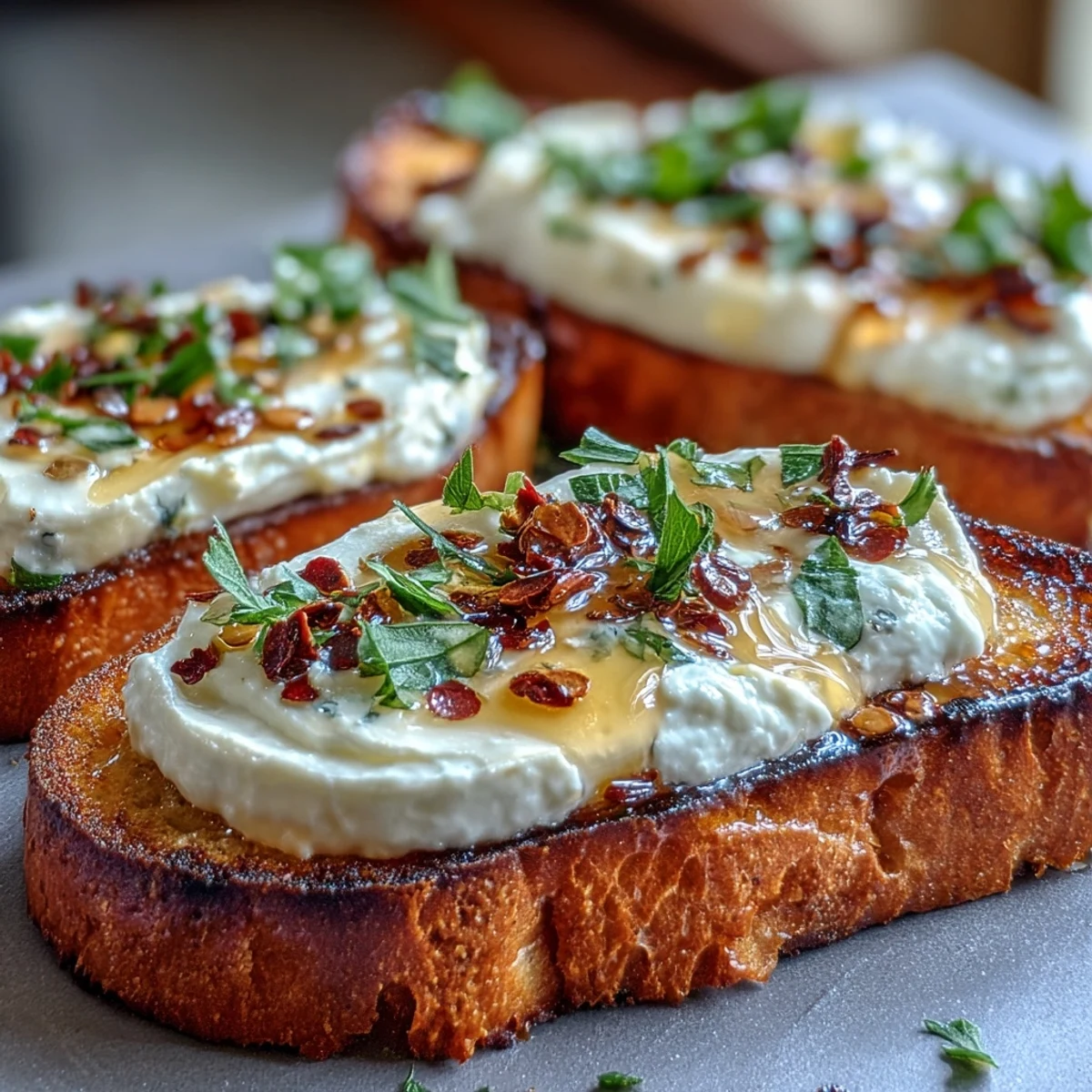 Crostini with whipped feta arranged on a rustic platter, garnished with fresh herbs for an appetizer.