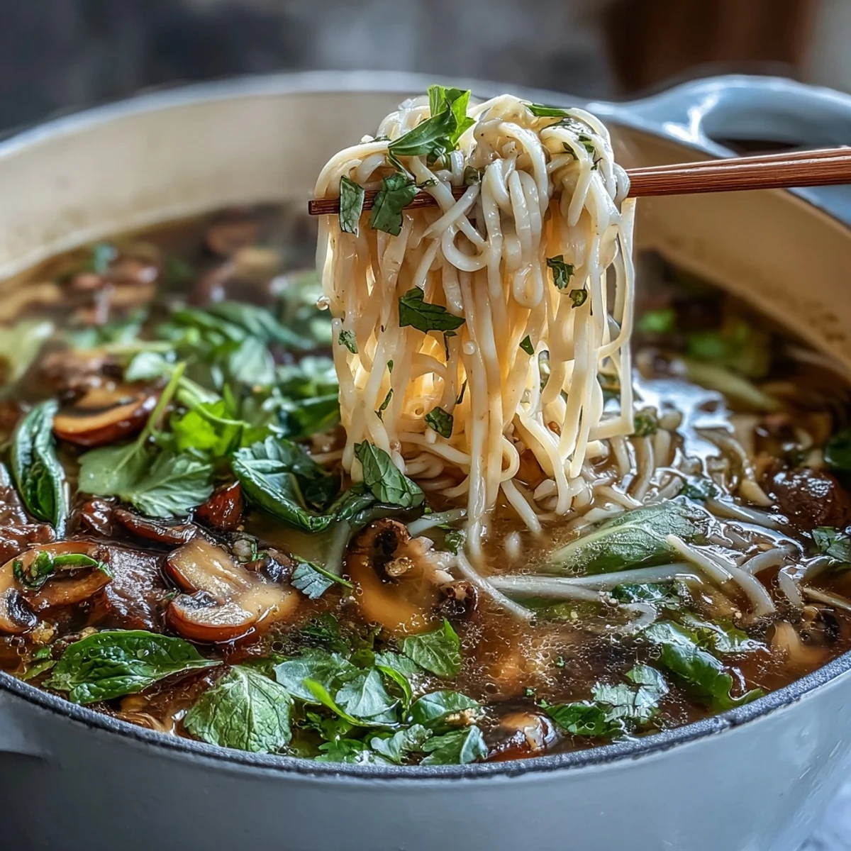 Asian Hot Pot Noodle Feast simmering in a hot pot, featuring tender beef slices, bok choy, and shiitake mushrooms ready to be cooked.