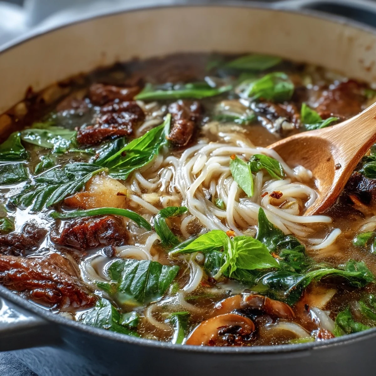 A steaming bowl from the Asian Hot Pot Noodle Feast, filled with broth, noodles, beef, and fresh herbs, served with lime wedges.