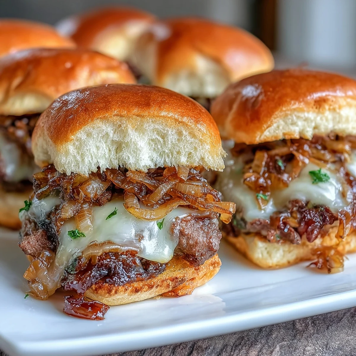 Plate of Mini Smash Burger Sliders with Caramelized Onions, featuring gooey melted cheese and golden-brown onions on toasted buns.