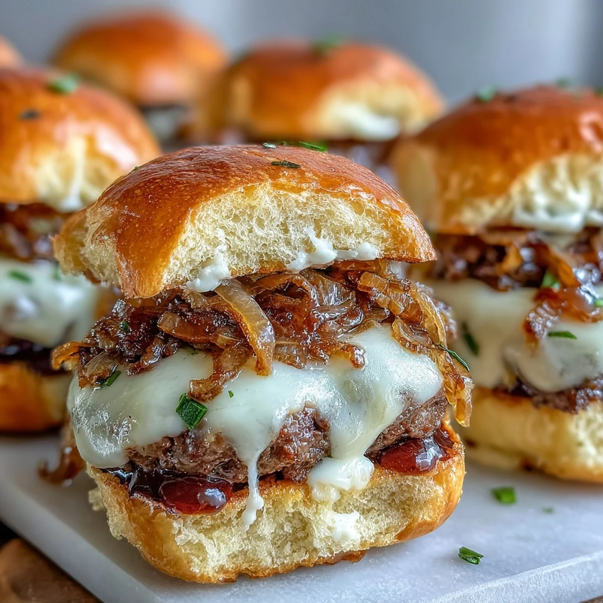 Close-up of Mini Smash Burger Sliders with Caramelized Onions showing juicy smashed beef patties and melty American cheese inside soft buns.