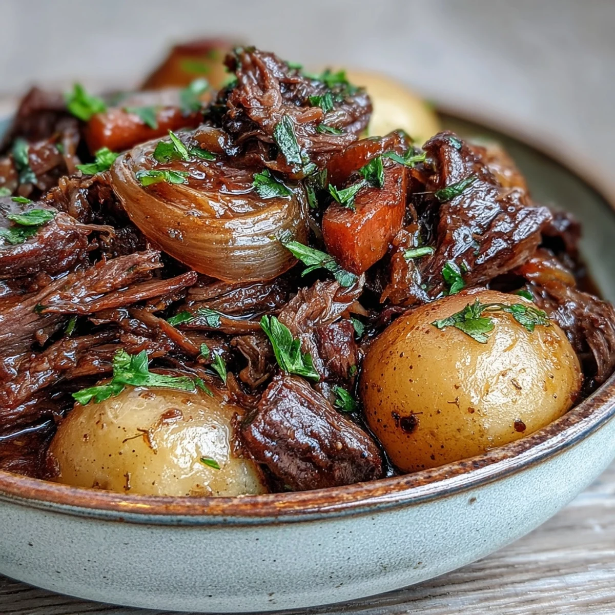 Glossy Japanese Nikujaga with tender beef chunks, soft potatoes, and carrots in a sweet-savory soy broth.