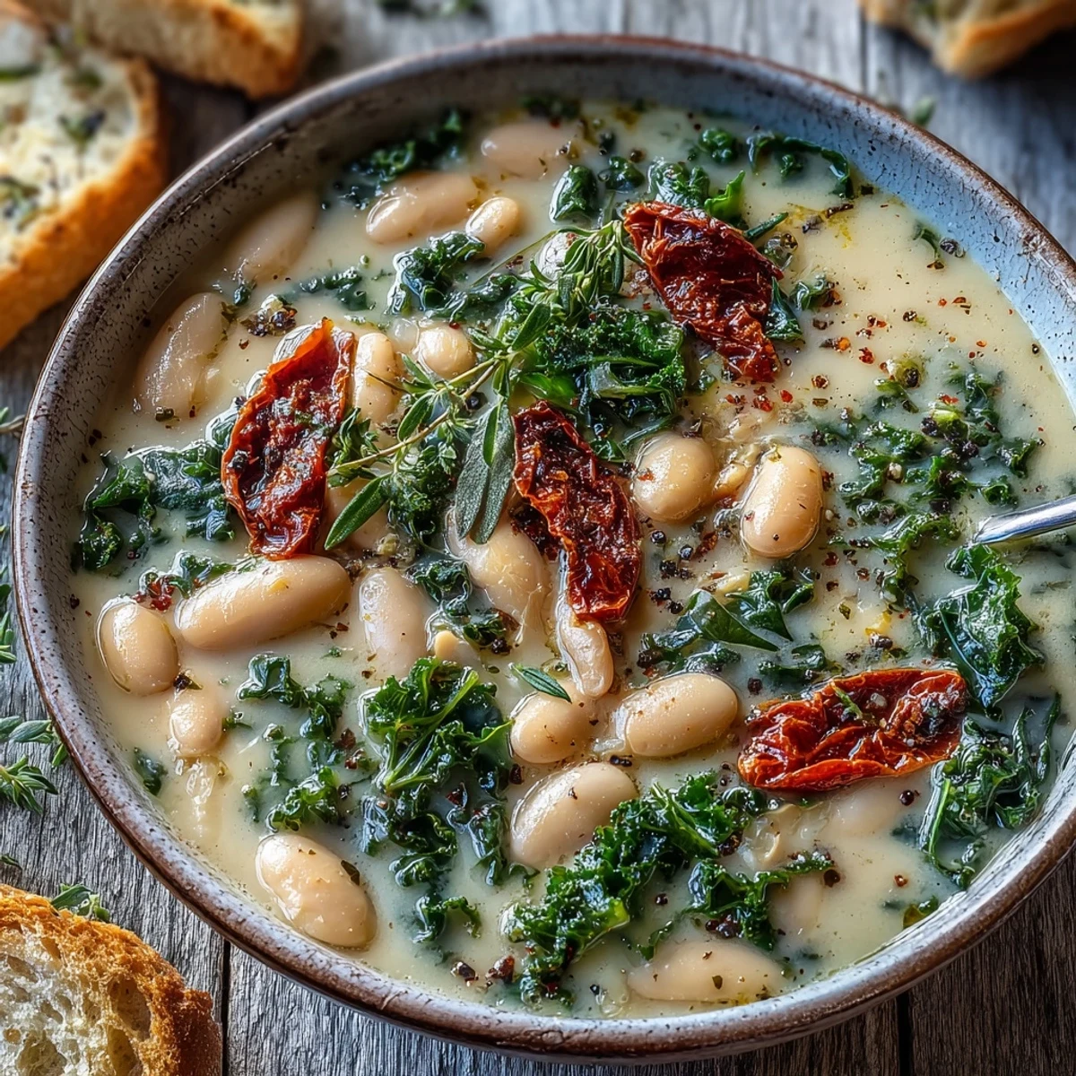 Creamy Tuscan White Bean & Kale Soup steaming in a rustic bowl with fresh thyme garnish.