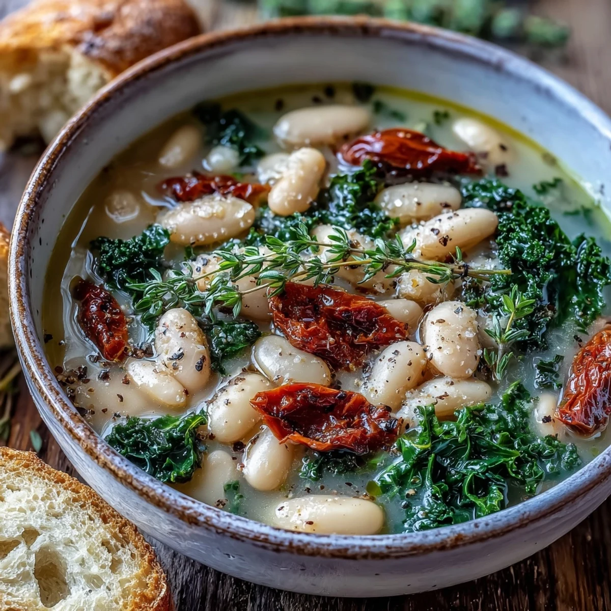 Vegan Creamy Tuscan White Bean & Kale Soup served with crusty artisan bread for dipping.