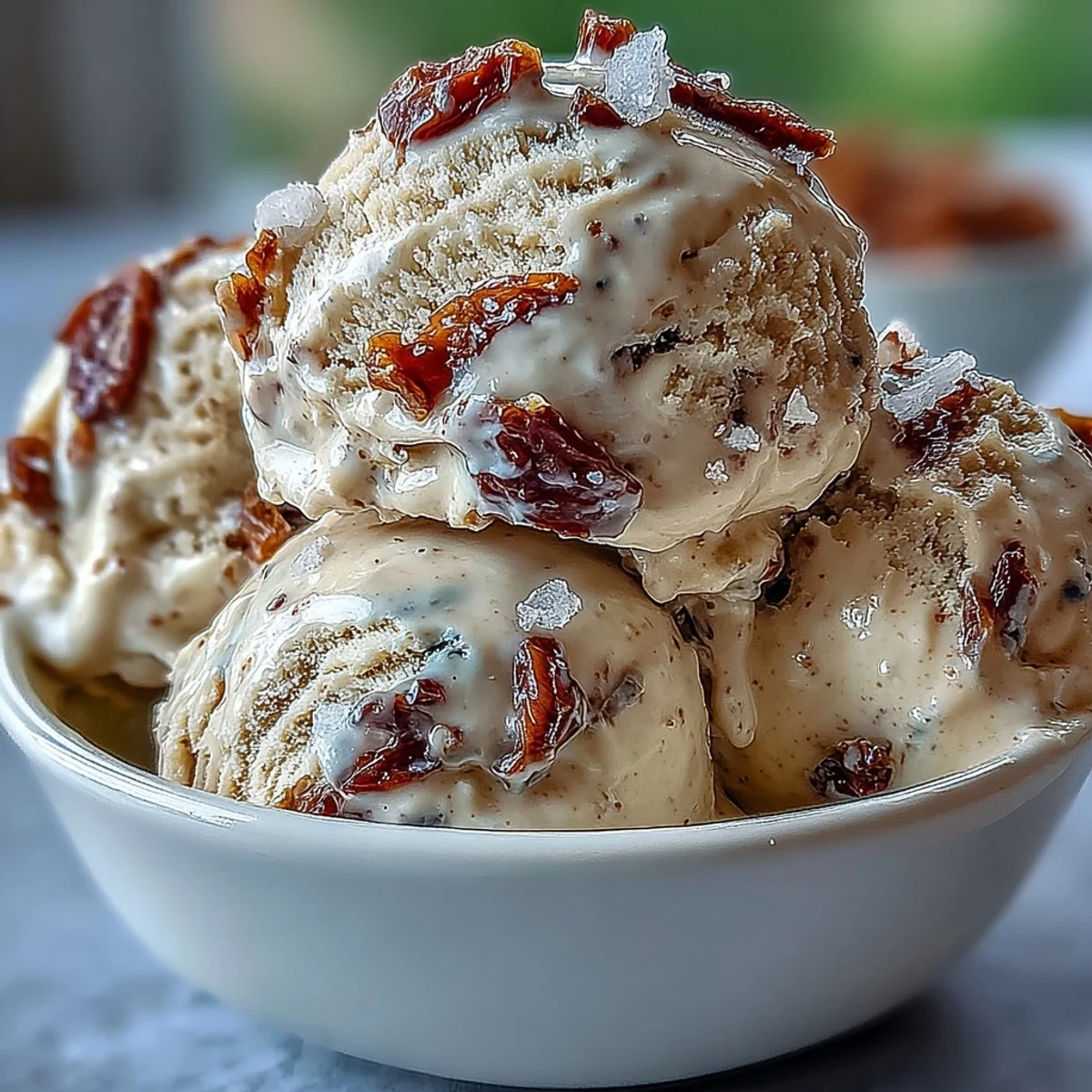 Homemade Tahini Ice Cream with Dates features a smooth, pale beige custard base swirled with rich, dark Medjool date jam.