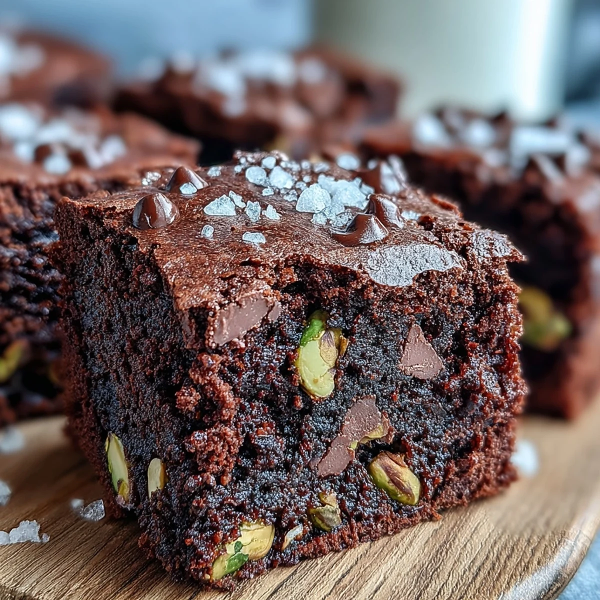 Close-up of a square slice of pistachio-chocolate snacking cake showing fudgy texture with chunks of roasted pistachios and dark chocolate.
