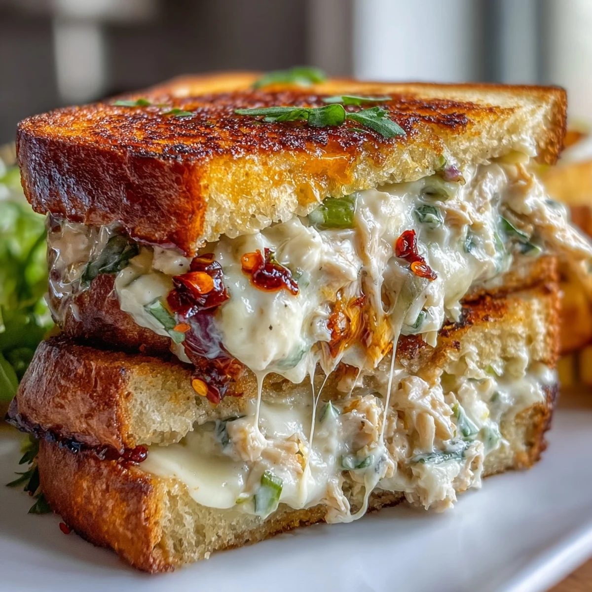 Gooey mozzarella melts over a robust tuna filling seasoned with Calabrian chili on buttered bread.