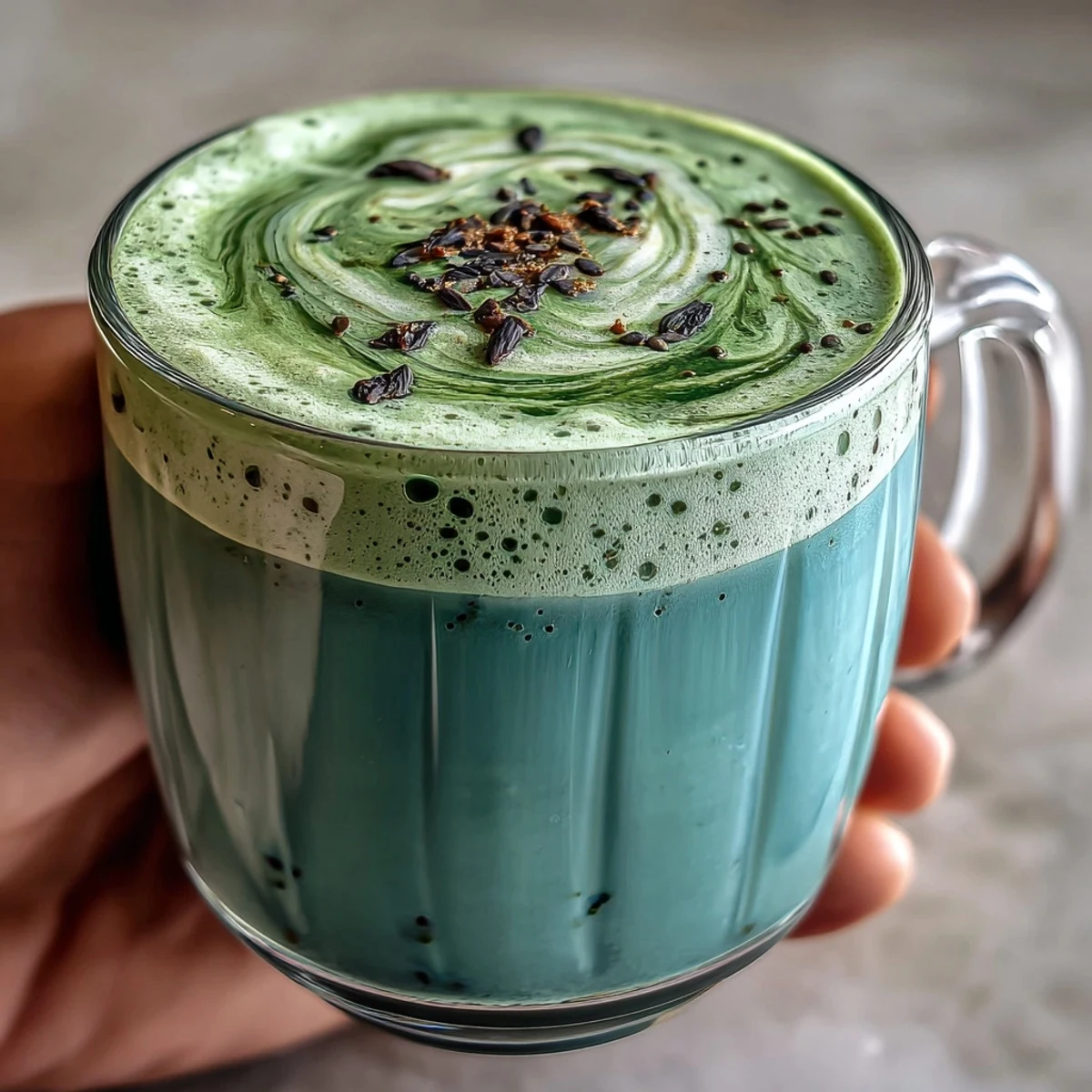 A top-down view of Black Sesame Matcha Latte in a rustic ceramic mug, highlighting creamy texture and a small whisk beside the vibrant green beverage.
