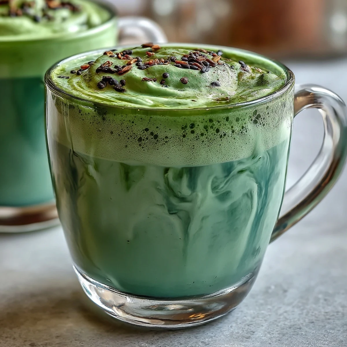 Close-up of frothy Black Sesame Matcha Latte topped with latte art, showcasing the nutty black sesame paste layered beneath the earthy green matcha.