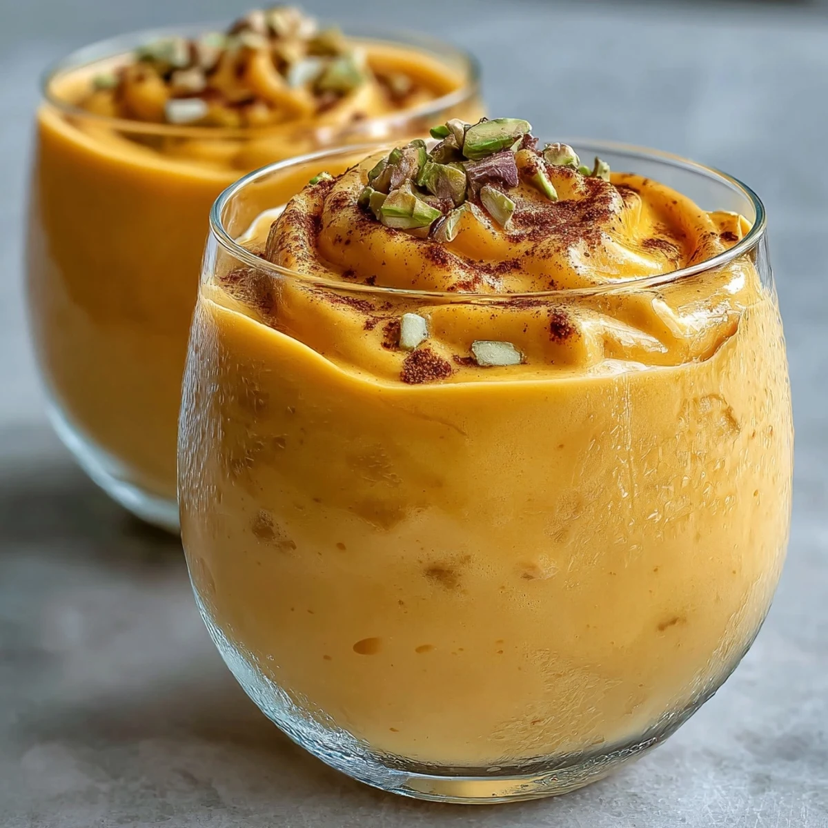 Creamy blended mango lassi served in a tall glass, perfect for cooling off on a hot summer day.