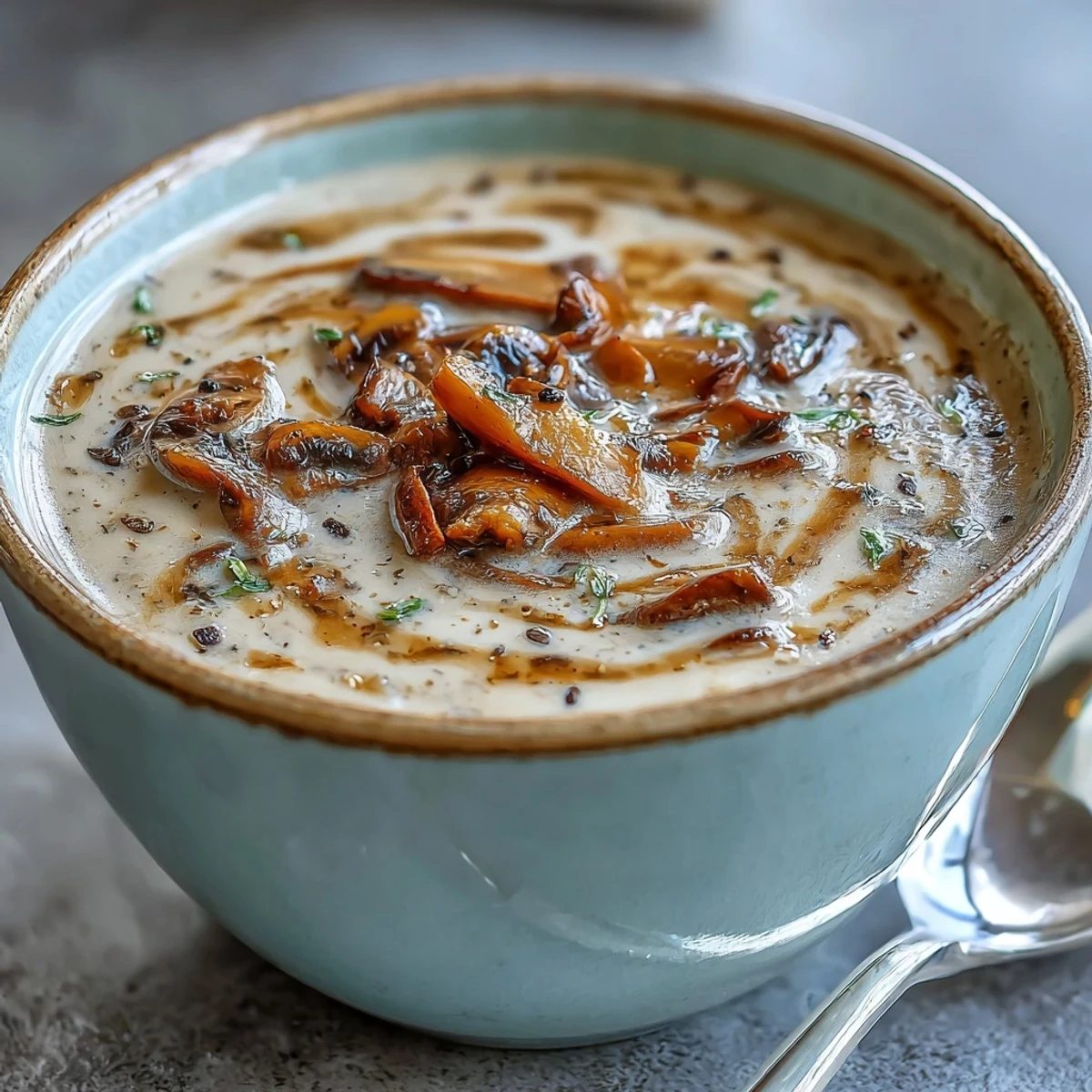 A comforting bowl of Creamy Mushroom & Cardamom Soup served with crusty artisan bread, perfect for a cozy dinner.