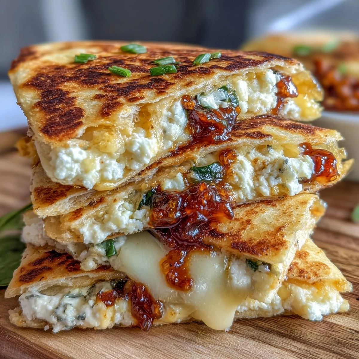 Melted goat cheese and vibrant chili jam ooze from a golden, crispy Chilli Jam & Goat Cheese Quesadilla.