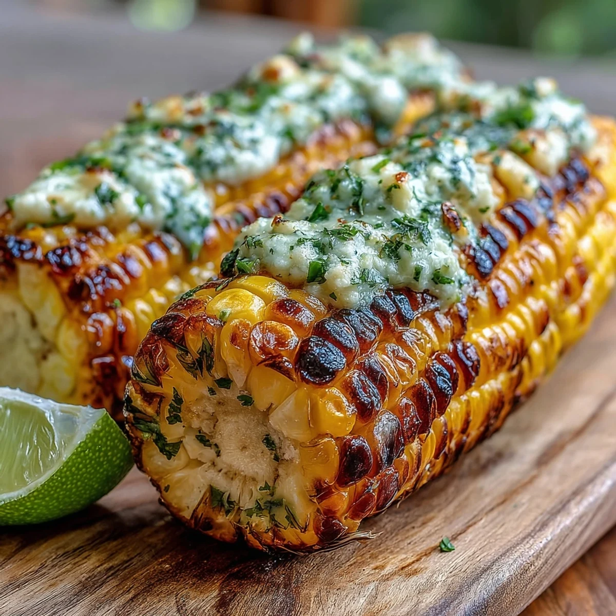 Golden-brown Miso-Butter Corn on the Cob rests on a plate, brushed with creamy miso butter and sprinkled with chives.