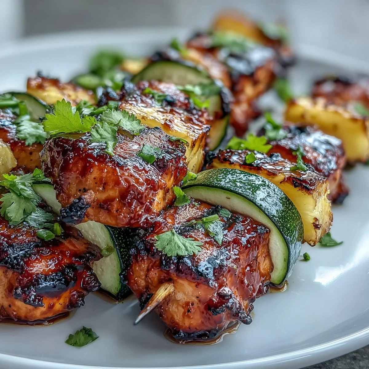 Golden Honey-Lime Grilled Chicken Skewers with Zucchini and Pineapple served on a platter with lime wedges.