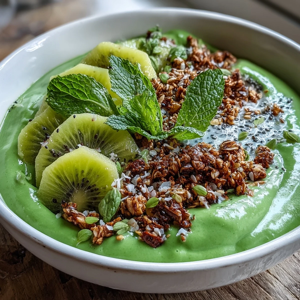 Creamy Vegan Tropical Green Smoothie Bowl with Mango Chia Topping topped with fresh kiwi, granola, and mint served in a white ceramic bowl.